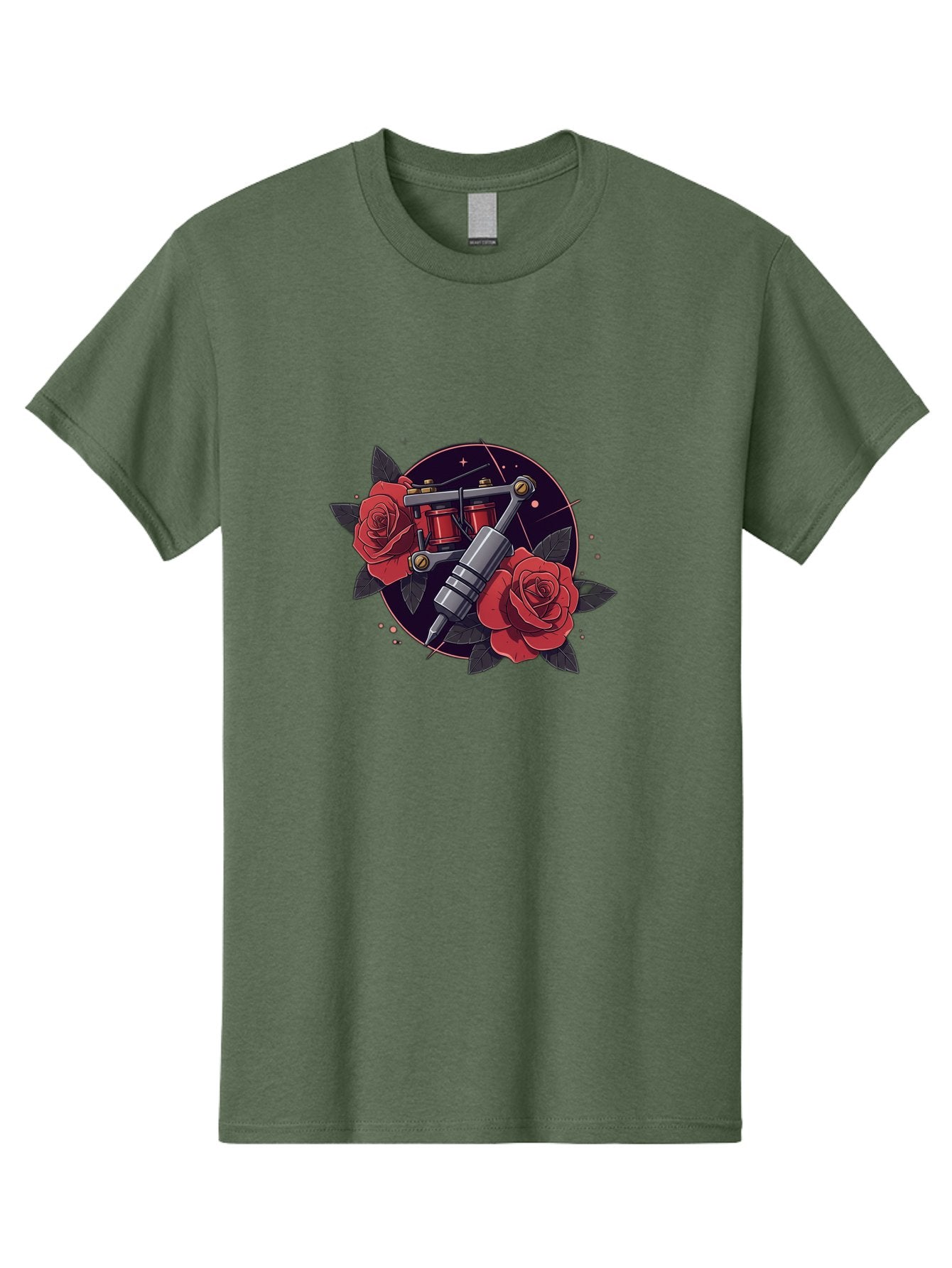 Tattoo-Machine-And-Roses Men'S Graphic Tee, 100% Cotton, Comfortable Casual Summer Wear, Machine Washable, Tattoo Machine, Red Roses, Floral Design, Tattoo Art, Vintage Tattoo, Tattoo Equipment, Ink Art, Rose Tattoo Bad806