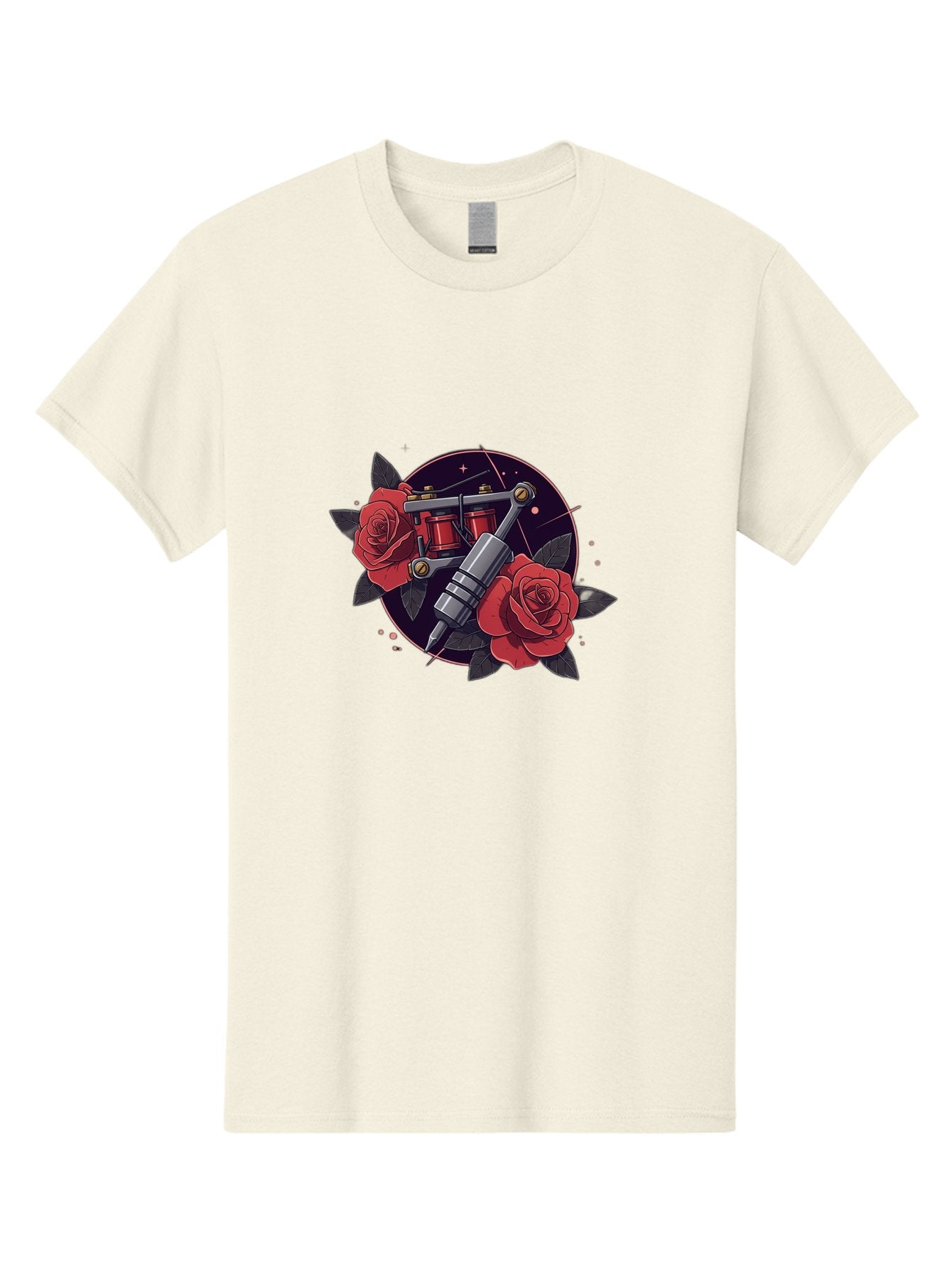 Tattoo-Machine-And-Roses Men'S Graphic Tee, 100% Cotton, Comfortable Casual Summer Wear, Machine Washable, Tattoo Machine, Red Roses, Floral Design, Tattoo Art, Vintage Tattoo, Tattoo Equipment, Ink Art, Rose Tattoo Bad806