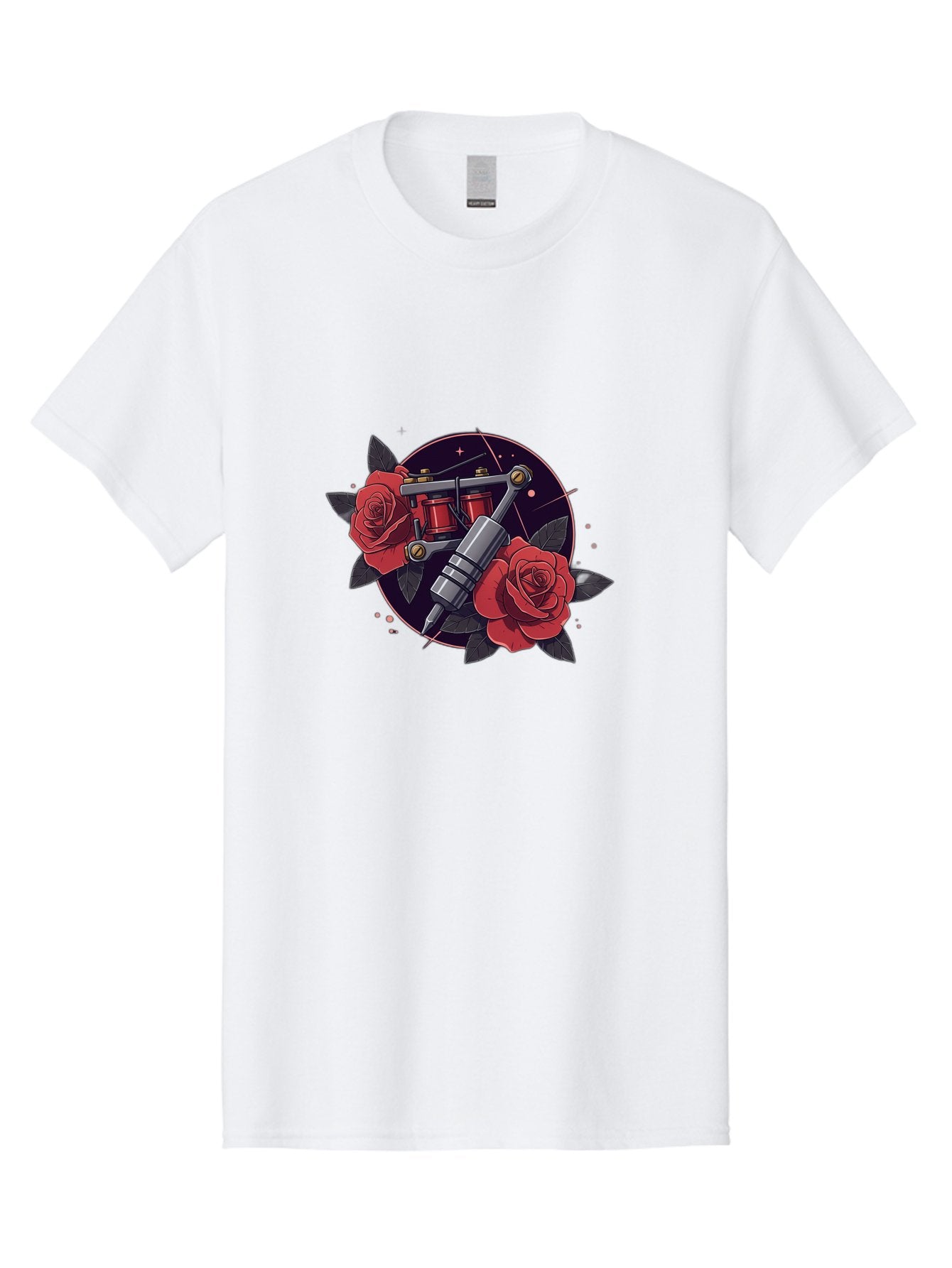 Tattoo-Machine-And-Roses Men'S Graphic Tee, 100% Cotton, Comfortable Casual Summer Wear, Machine Washable, Tattoo Machine, Red Roses, Floral Design, Tattoo Art, Vintage Tattoo, Tattoo Equipment, Ink Art, Rose Tattoo Bad806 3