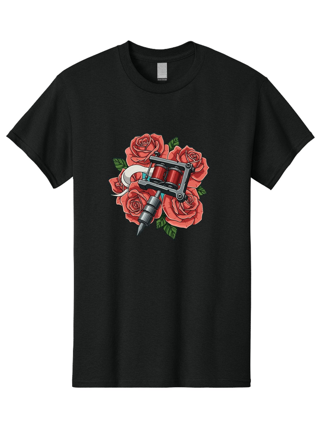 Tattoo-Machine-Roses-1 Men'S Graphic Tee, 100% Cotton, Comfortable Casual Summer Wear, Machine Washable, Tattoo Machine, Red Roses, Floral Design, Tattoo Art, Ink Art, Body Art, Tattoo Culture, Rose Bouquet, Vintage Tattoo Style Bad808 8