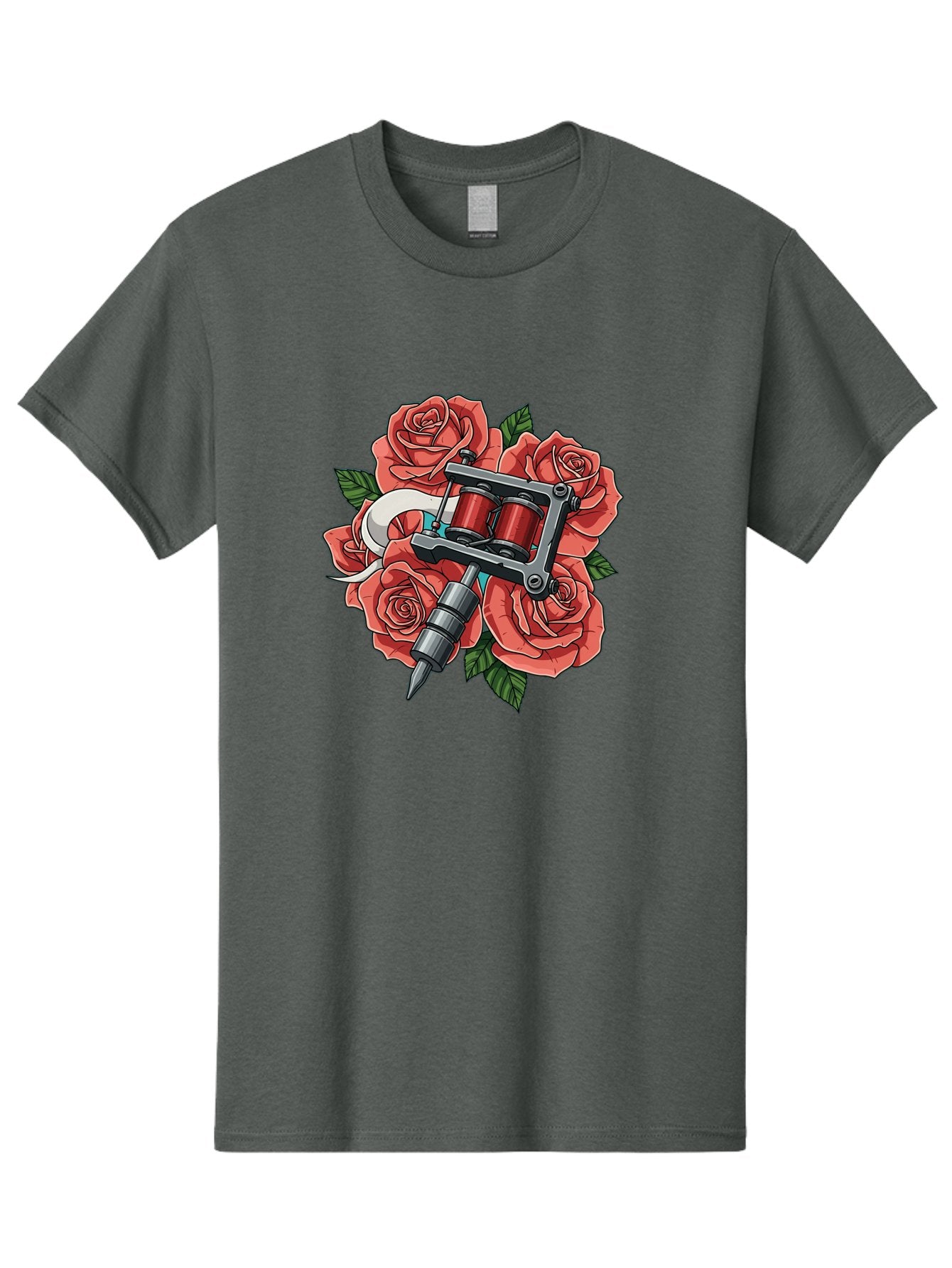 Tattoo-Machine-Roses-1 Men'S Graphic Tee, 100% Cotton, Comfortable Casual Summer Wear, Machine Washable, Tattoo Machine, Red Roses, Floral Design, Tattoo Art, Ink Art, Body Art, Tattoo Culture, Rose Bouquet, Vintage Tattoo Style Bad808 9