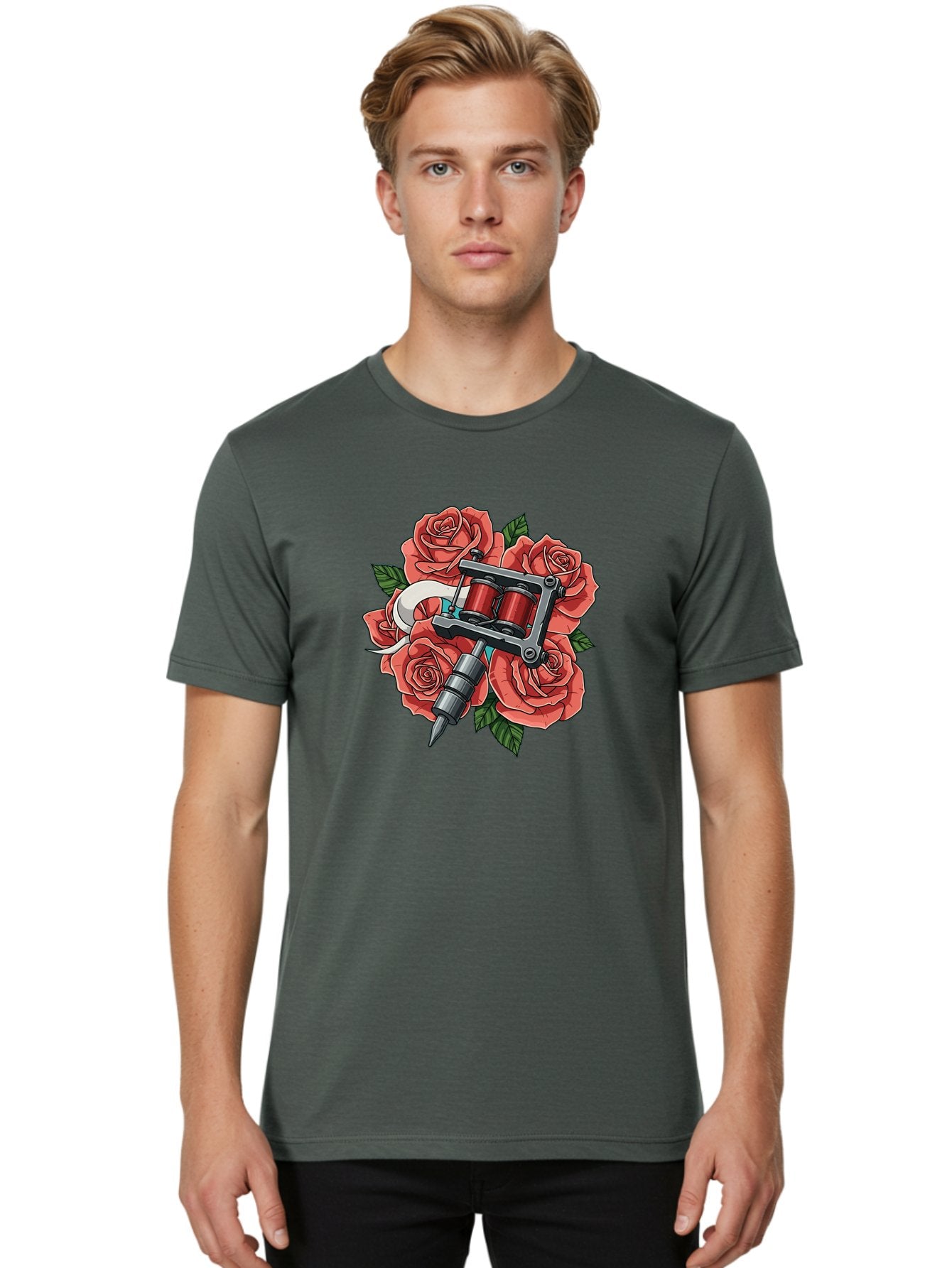 Tattoo-Machine-Roses-1 Men'S Graphic Tee, 100% Cotton, Comfortable Casual Summer Wear, Machine Washable, Tattoo Machine, Red Roses, Floral Design, Tattoo Art, Ink Art, Body Art, Tattoo Culture, Rose Bouquet, Vintage Tattoo Style Bad808 26