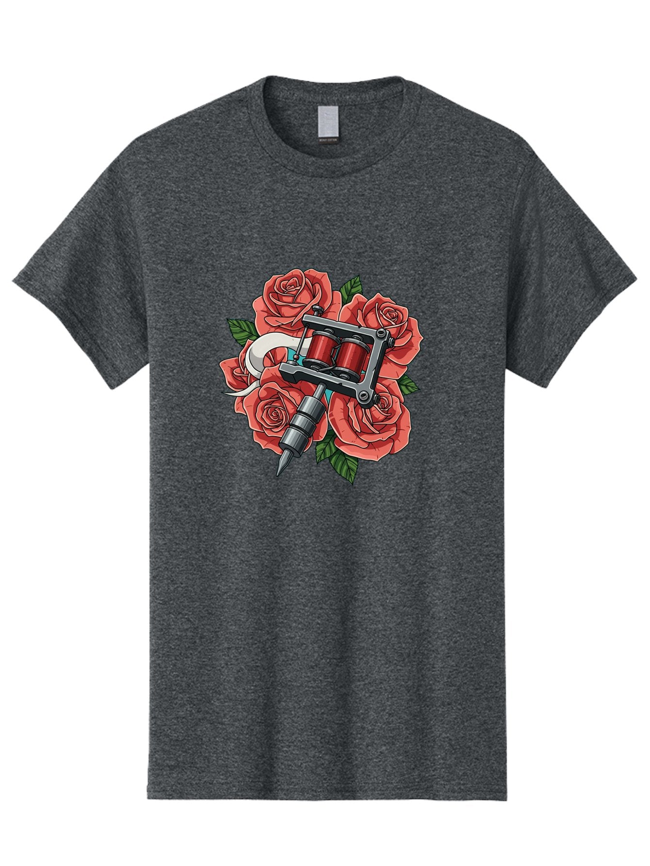 Tattoo-Machine-Roses-1 Men'S Graphic Tee, 100% Cotton, Comfortable Casual Summer Wear, Machine Washable, Tattoo Machine, Red Roses, Floral Design, Tattoo Art, Ink Art, Body Art, Tattoo Culture, Rose Bouquet, Vintage Tattoo Style Bad808 4