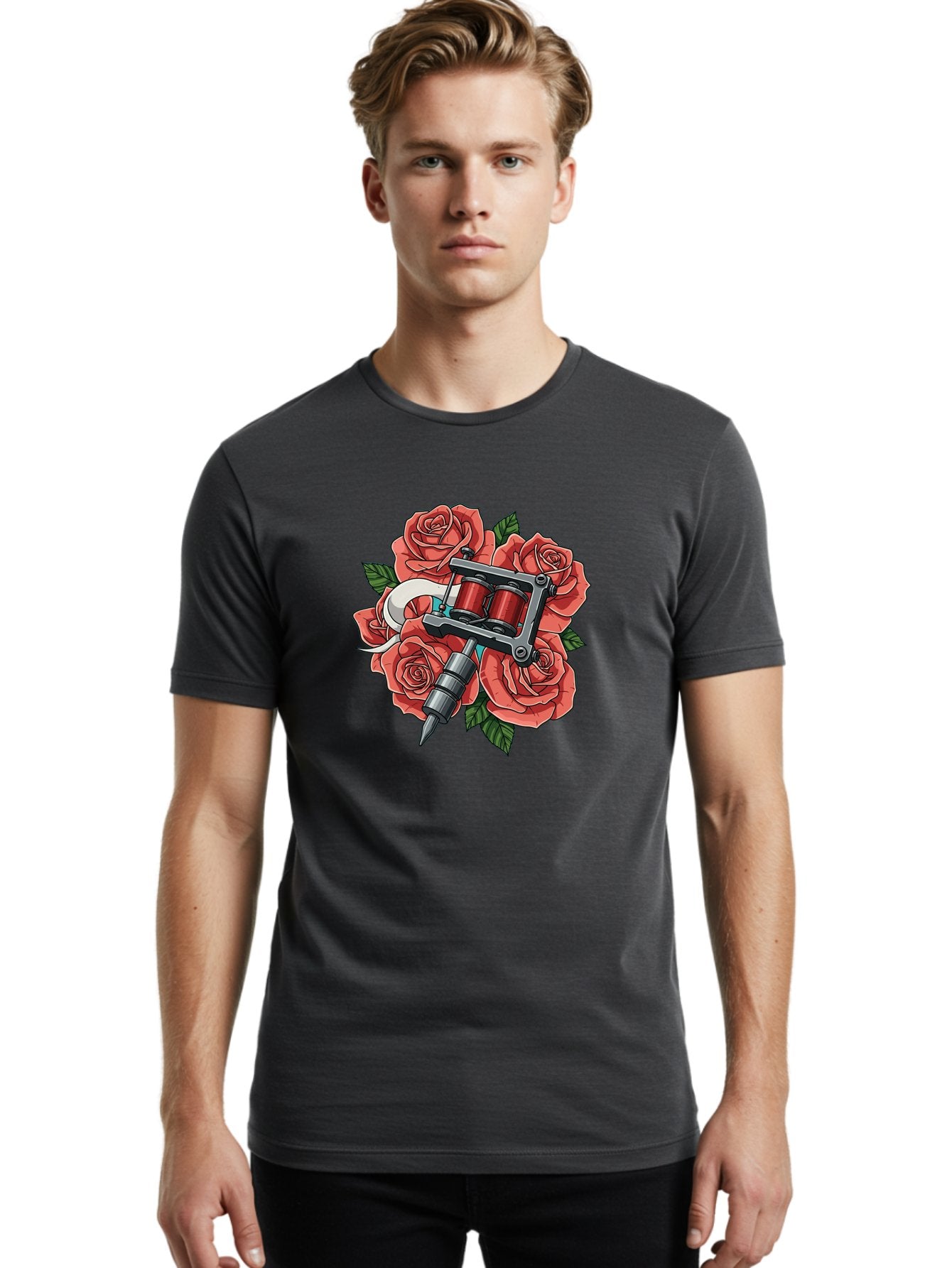 Tattoo-Machine-Roses-1 Men'S Graphic Tee, 100% Cotton, Comfortable Casual Summer Wear, Machine Washable, Tattoo Machine, Red Roses, Floral Design, Tattoo Art, Ink Art, Body Art, Tattoo Culture, Rose Bouquet, Vintage Tattoo Style Bad808 18