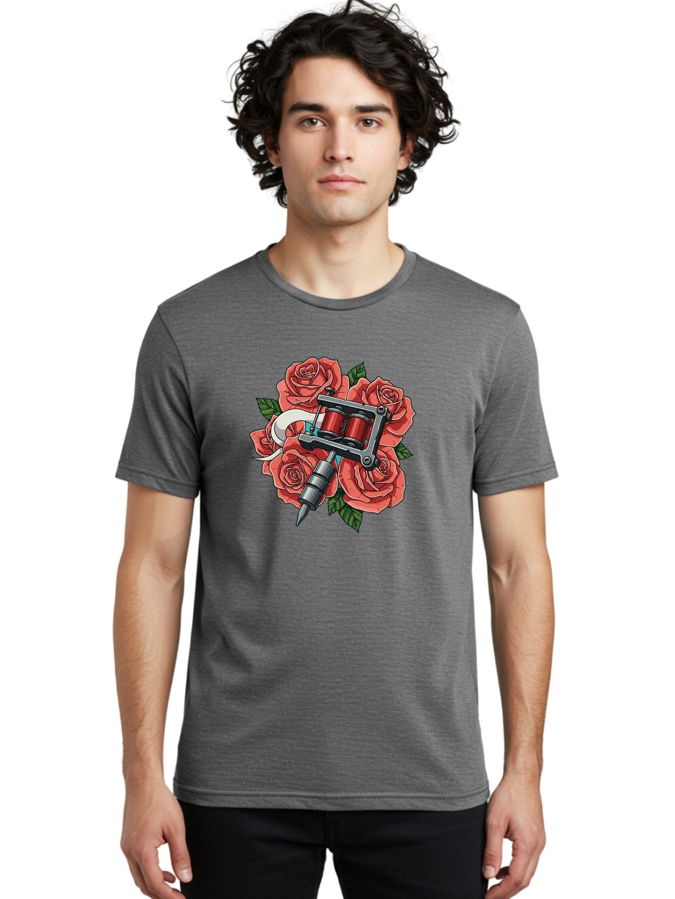 Tattoo-Machine-Roses-1 Men'S Graphic Tee, 100% Cotton, Comfortable Casual Summer Wear, Machine Washable, Tattoo Machine, Red Roses, Floral Design, Tattoo Art, Ink Art, Body Art, Tattoo Culture, Rose Bouquet, Vintage Tattoo Style Bad808 30