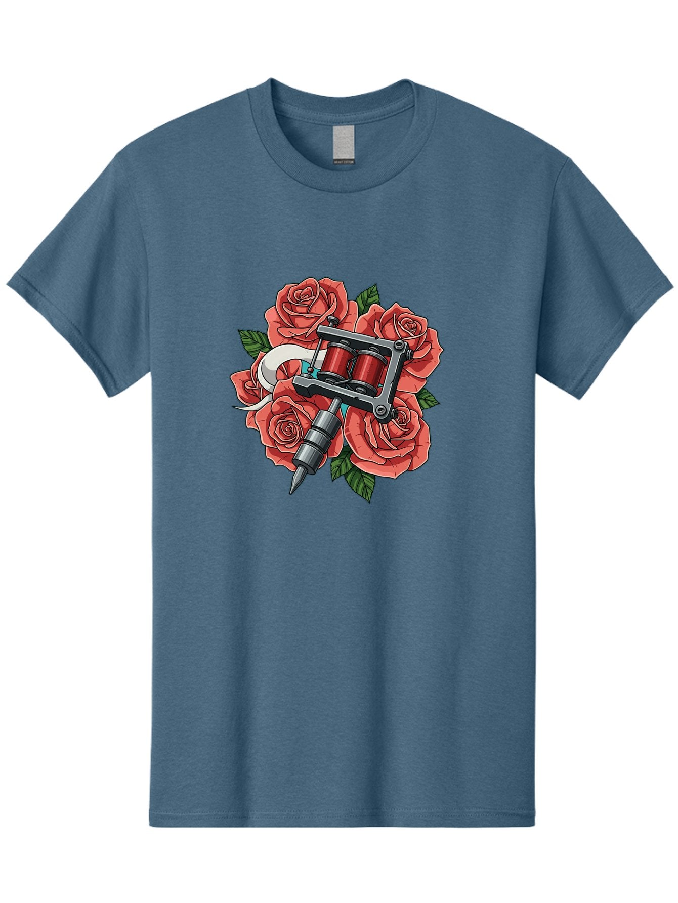 Tattoo-Machine-Roses-1 Men'S Graphic Tee, 100% Cotton, Comfortable Casual Summer Wear, Machine Washable, Tattoo Machine, Red Roses, Floral Design, Tattoo Art, Ink Art, Body Art, Tattoo Culture, Rose Bouquet, Vintage Tattoo Style Bad808 12