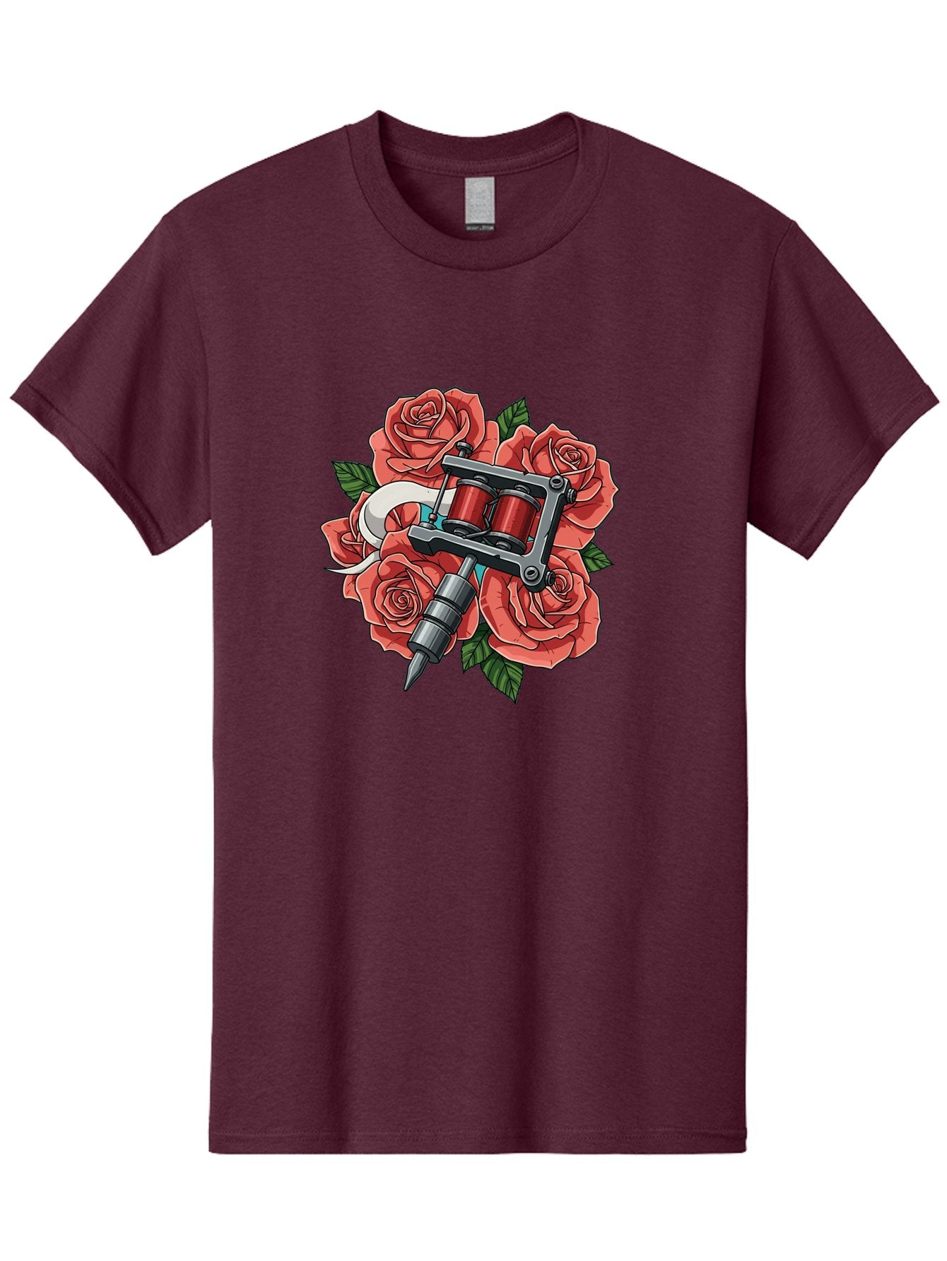 Tattoo-Machine-Roses-1 Men'S Graphic Tee, 100% Cotton, Comfortable Casual Summer Wear, Machine Washable, Tattoo Machine, Red Roses, Floral Design, Tattoo Art, Ink Art, Body Art, Tattoo Culture, Rose Bouquet, Vintage Tattoo Style Bad808 5