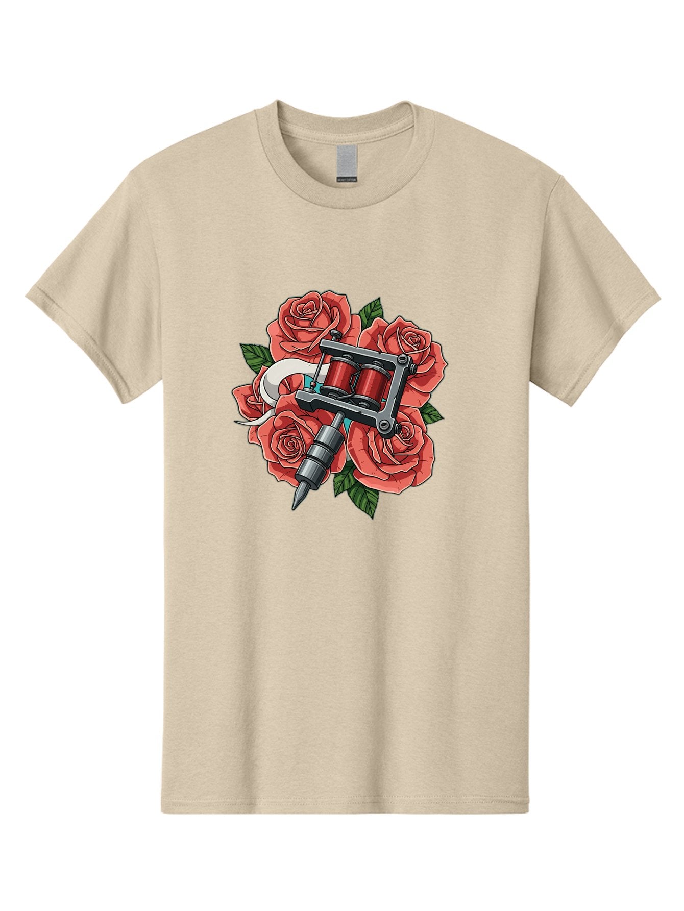 Tattoo-Machine-Roses-1 Men'S Graphic Tee, 100% Cotton, Comfortable Casual Summer Wear, Machine Washable, Tattoo Machine, Red Roses, Floral Design, Tattoo Art, Ink Art, Body Art, Tattoo Culture, Rose Bouquet, Vintage Tattoo Style Bad808 14