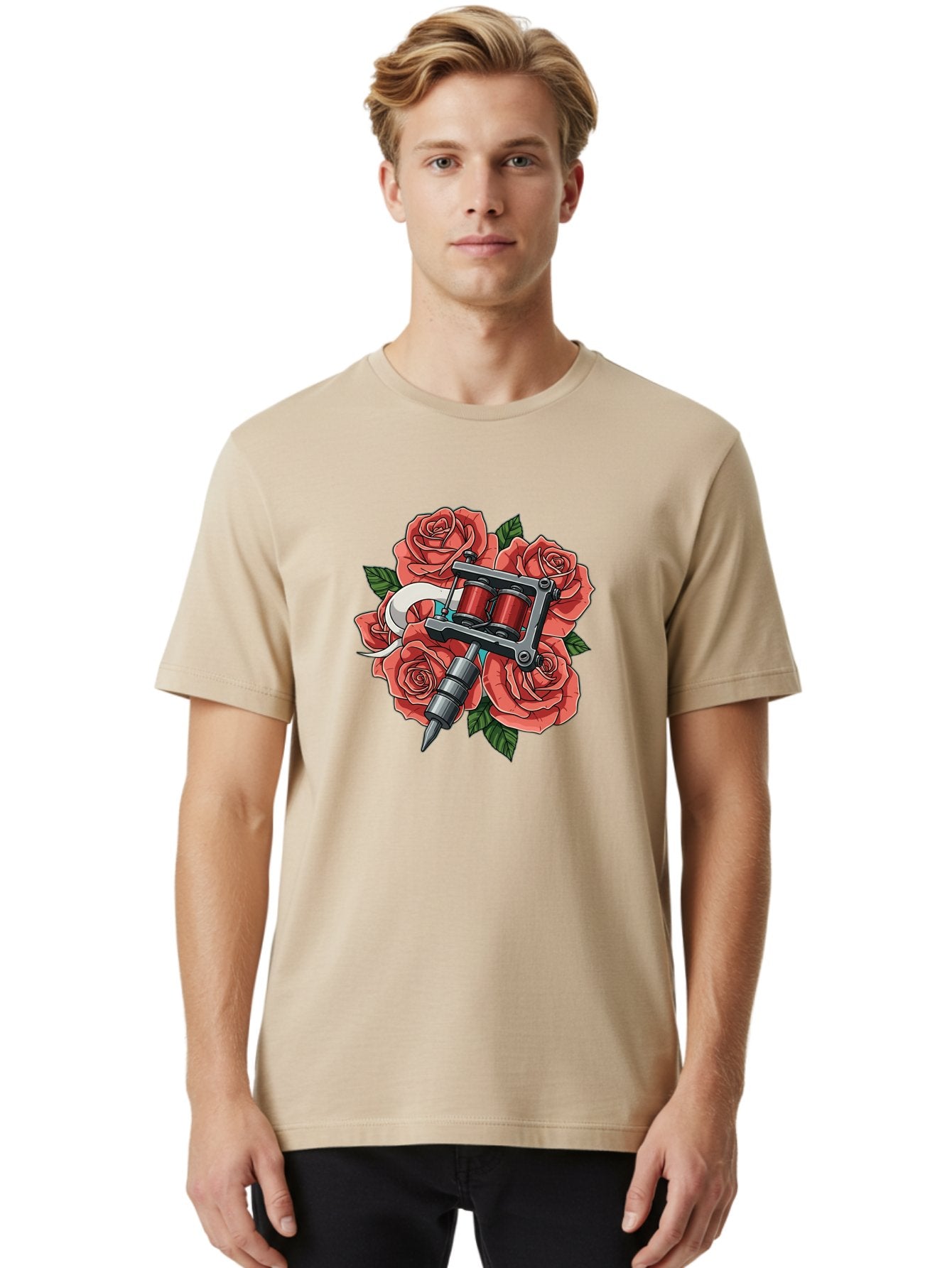 Tattoo-Machine-Roses-1 Men'S Graphic Tee, 100% Cotton, Comfortable Casual Summer Wear, Machine Washable, Tattoo Machine, Red Roses, Floral Design, Tattoo Art, Ink Art, Body Art, Tattoo Culture, Rose Bouquet, Vintage Tattoo Style Bad808 29
