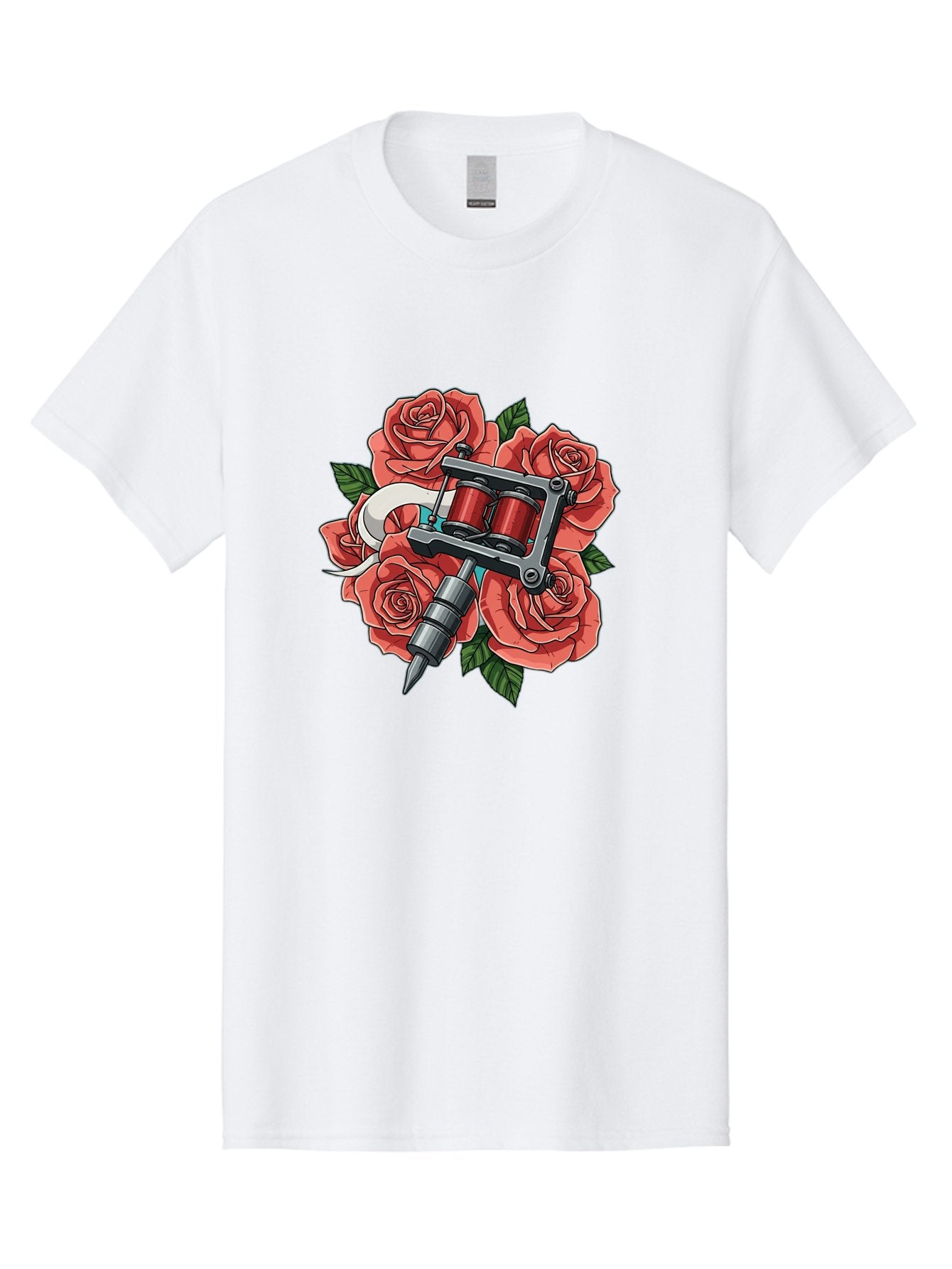 Tattoo-Machine-Roses-1 Men'S Graphic Tee, 100% Cotton, Comfortable Casual Summer Wear, Machine Washable, Tattoo Machine, Red Roses, Floral Design, Tattoo Art, Ink Art, Body Art, Tattoo Culture, Rose Bouquet, Vintage Tattoo Style Bad808 7