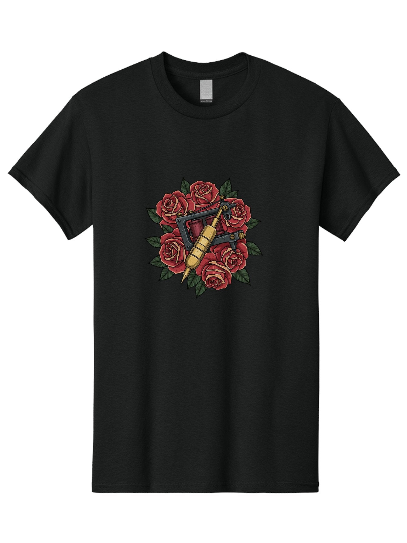 Tattoo-Machine-Roses Men'S Graphic Tee, 100% Cotton, Comfortable Casual Summer Wear, Machine Washable, Tattoo Machine, Red Roses, Floral Design, Traditional Tattoo Art, Vintage Tattoo Style, Tattoo Equipment, Ink Art, Rose Bouquet Bad809