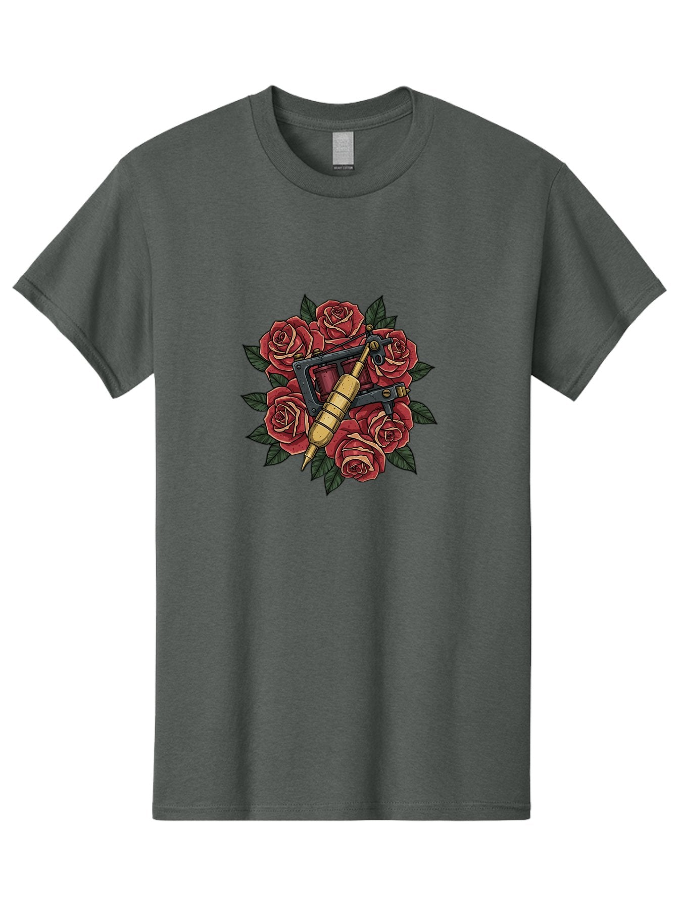 Tattoo-Machine-Roses Men'S Graphic Tee, 100% Cotton, Comfortable Casual Summer Wear, Machine Washable, Tattoo Machine, Red Roses, Floral Design, Traditional Tattoo Art, Vintage Tattoo Style, Tattoo Equipment, Ink Art, Rose Bouquet Bad809 15