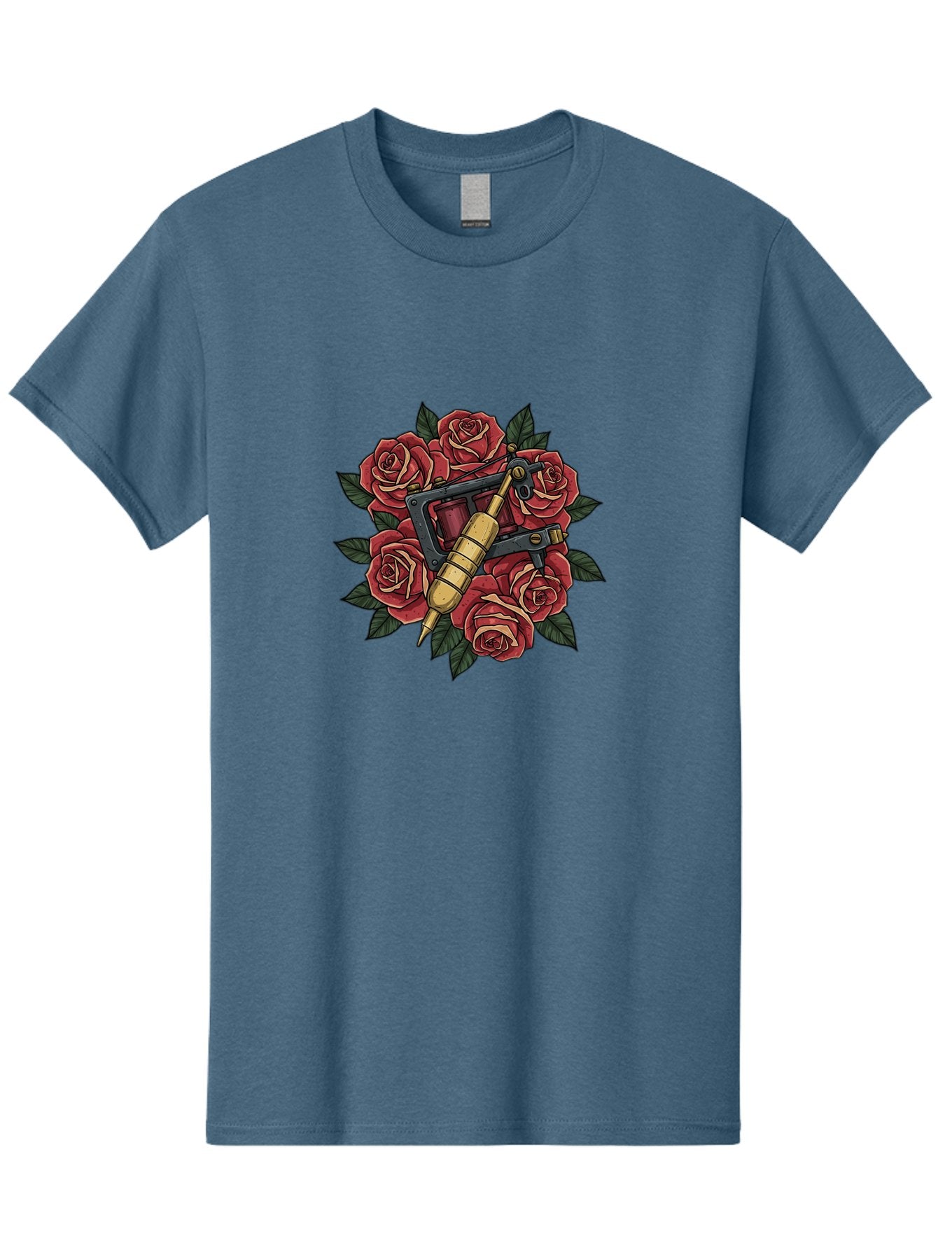 Tattoo-Machine-Roses Men'S Graphic Tee, 100% Cotton, Comfortable Casual Summer Wear, Machine Washable, Tattoo Machine, Red Roses, Floral Design, Traditional Tattoo Art, Vintage Tattoo Style, Tattoo Equipment, Ink Art, Rose Bouquet Bad809 5