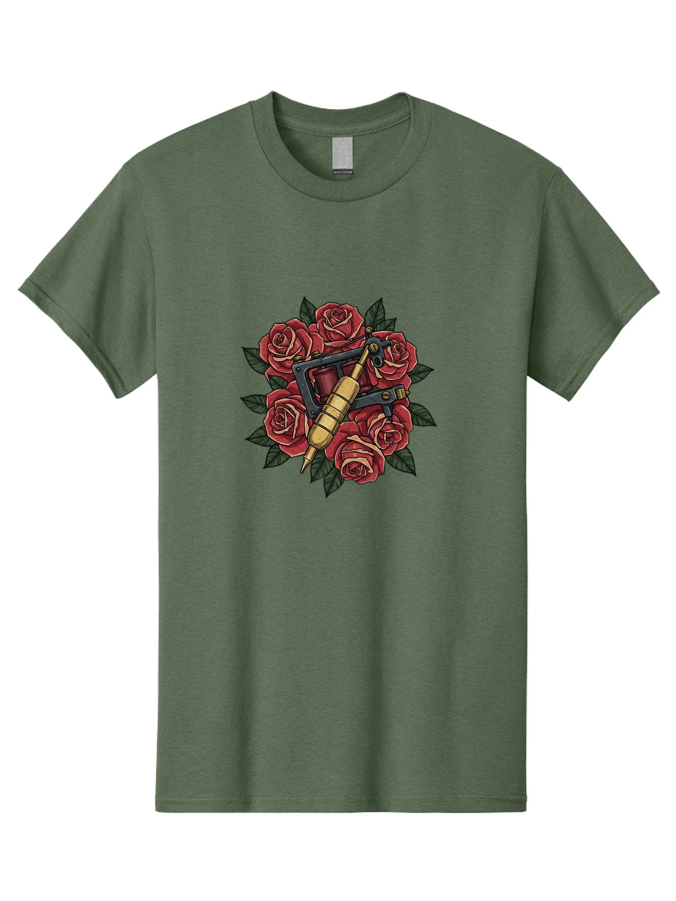 Tattoo-Machine-Roses Men'S Graphic Tee, 100% Cotton, Comfortable Casual Summer Wear, Machine Washable, Tattoo Machine, Red Roses, Floral Design, Traditional Tattoo Art, Vintage Tattoo Style, Tattoo Equipment, Ink Art, Rose Bouquet Bad809 11
