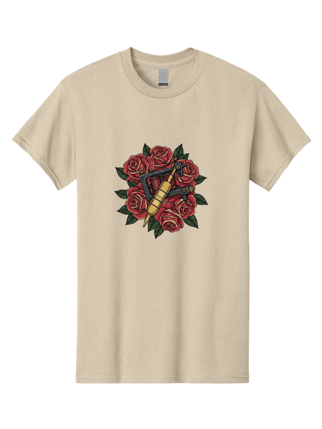 Tattoo-Machine-Roses Men'S Graphic Tee, 100% Cotton, Comfortable Casual Summer Wear, Machine Washable, Tattoo Machine, Red Roses, Floral Design, Traditional Tattoo Art, Vintage Tattoo Style, Tattoo Equipment, Ink Art, Rose Bouquet Bad809 14
