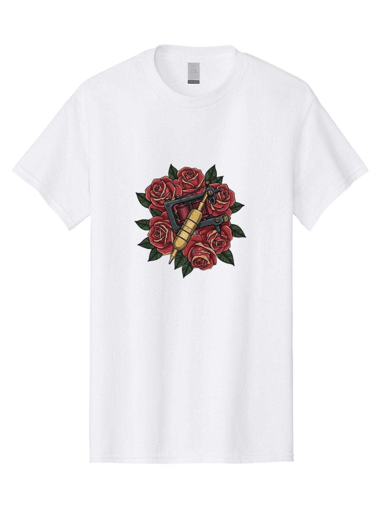 Tattoo-Machine-Roses Men'S Graphic Tee, 100% Cotton, Comfortable Casual Summer Wear, Machine Washable, Tattoo Machine, Red Roses, Floral Design, Traditional Tattoo Art, Vintage Tattoo Style, Tattoo Equipment, Ink Art, Rose Bouquet Bad809 12