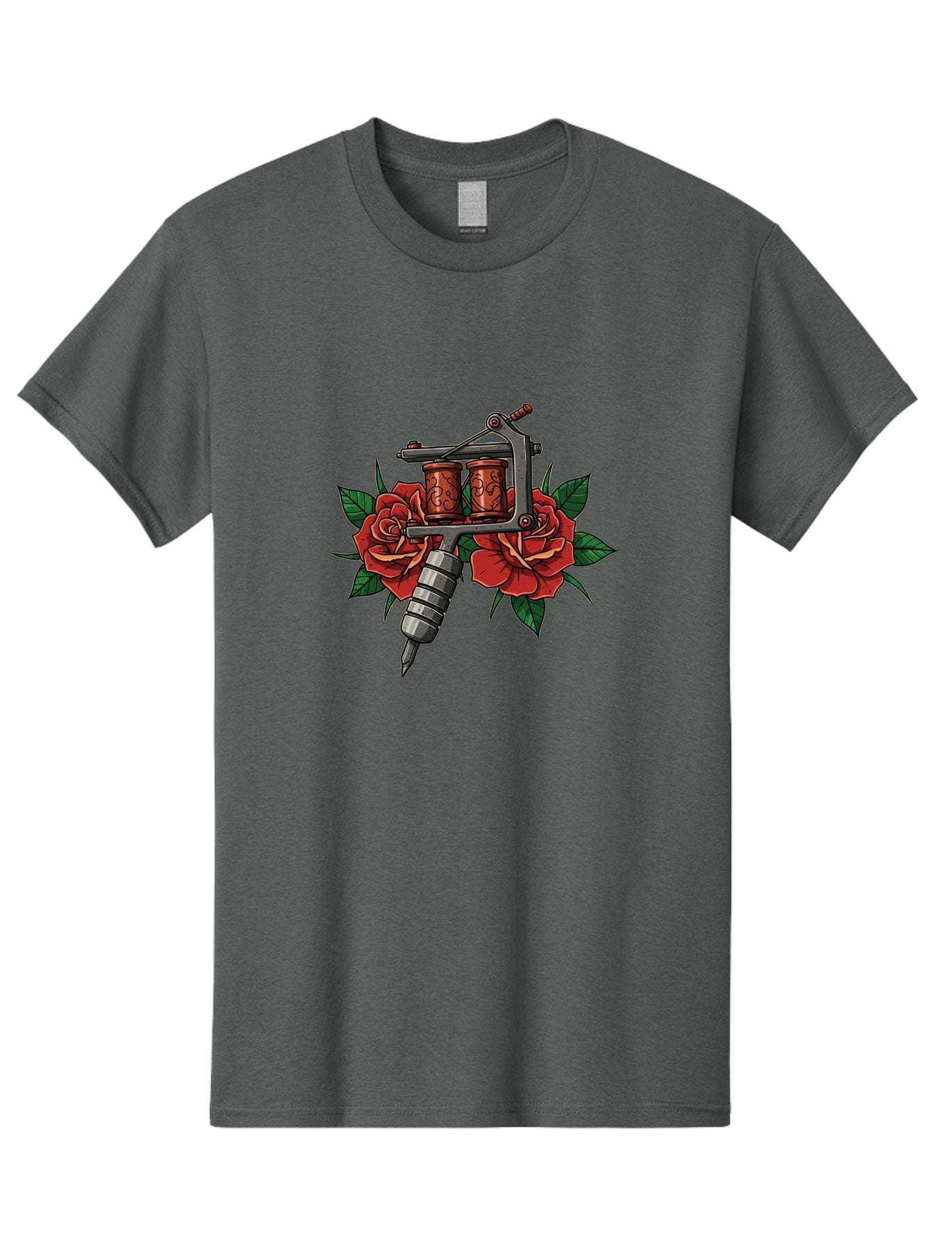 Tattoo-Machine-With-Roses-1 Men'S Graphic Tee, 100% Cotton, Comfortable Casual Summer Wear, Machine Washable, Vintage Tattoo Machine, Red Roses, Floral Design, Tattoo Art, Tattoo Equipment, Traditional Tattooing, Classic Tattoo Machine, Bad810 15