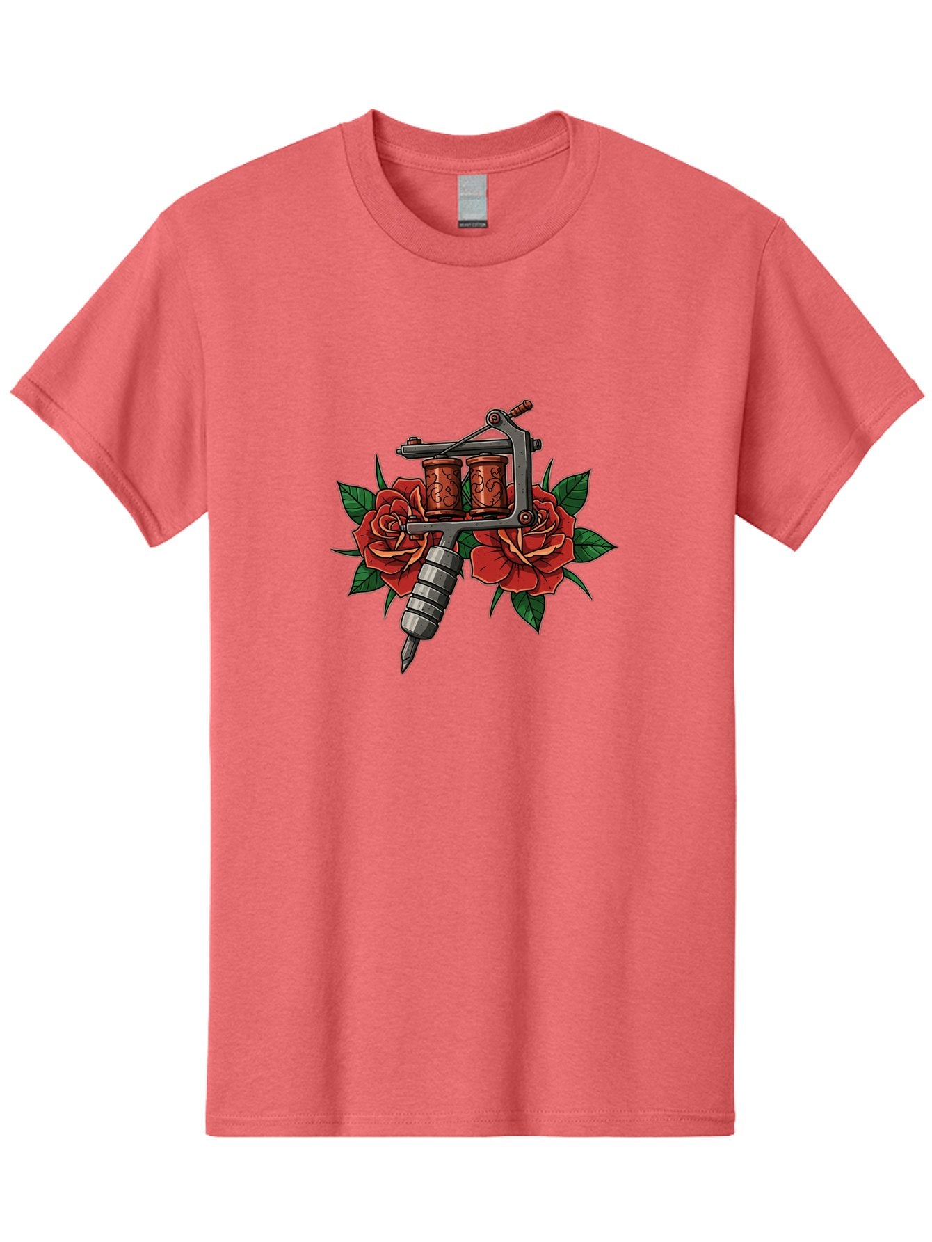 Tattoo-Machine-With-Roses-1 Men'S Graphic Tee, 100% Cotton, Comfortable Casual Summer Wear, Machine Washable, Vintage Tattoo Machine, Red Roses, Floral Design, Tattoo Art, Tattoo Equipment, Traditional Tattooing, Classic Tattoo Machine, Bad810 7