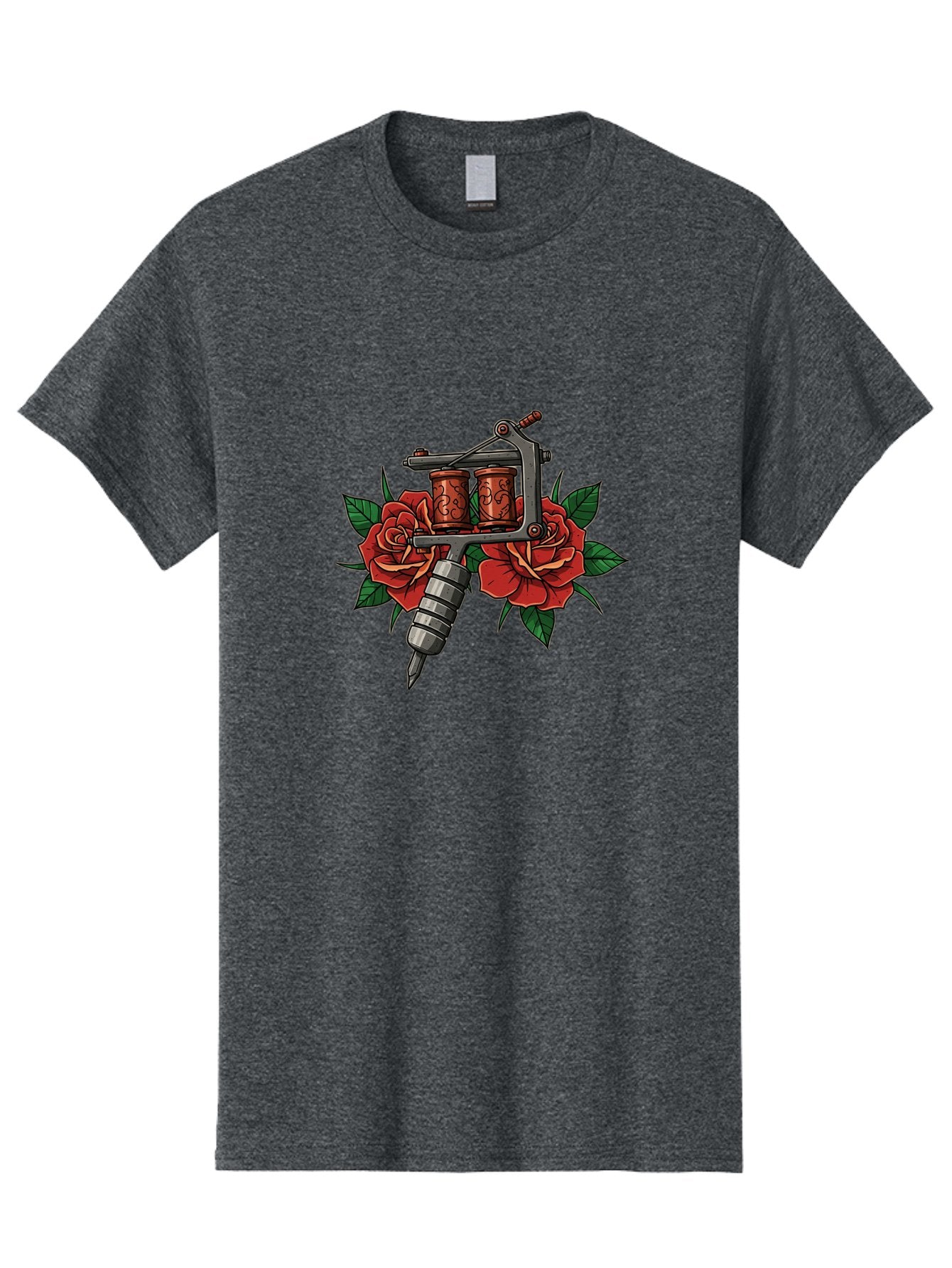 Tattoo-Machine-With-Roses-1 Men'S Graphic Tee, 100% Cotton, Comfortable Casual Summer Wear, Machine Washable, Vintage Tattoo Machine, Red Roses, Floral Design, Tattoo Art, Tattoo Equipment, Traditional Tattooing, Classic Tattoo Machine, Bad810 12