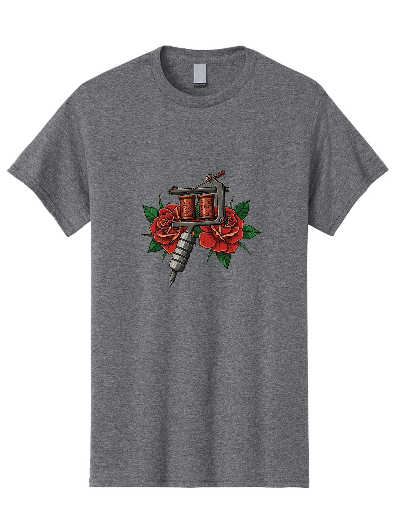 Tattoo-Machine-With-Roses-1 Men'S Graphic Tee, 100% Cotton, Comfortable Casual Summer Wear, Machine Washable, Vintage Tattoo Machine, Red Roses, Floral Design, Tattoo Art, Tattoo Equipment, Traditional Tattooing, Classic Tattoo Machine, Bad810 14