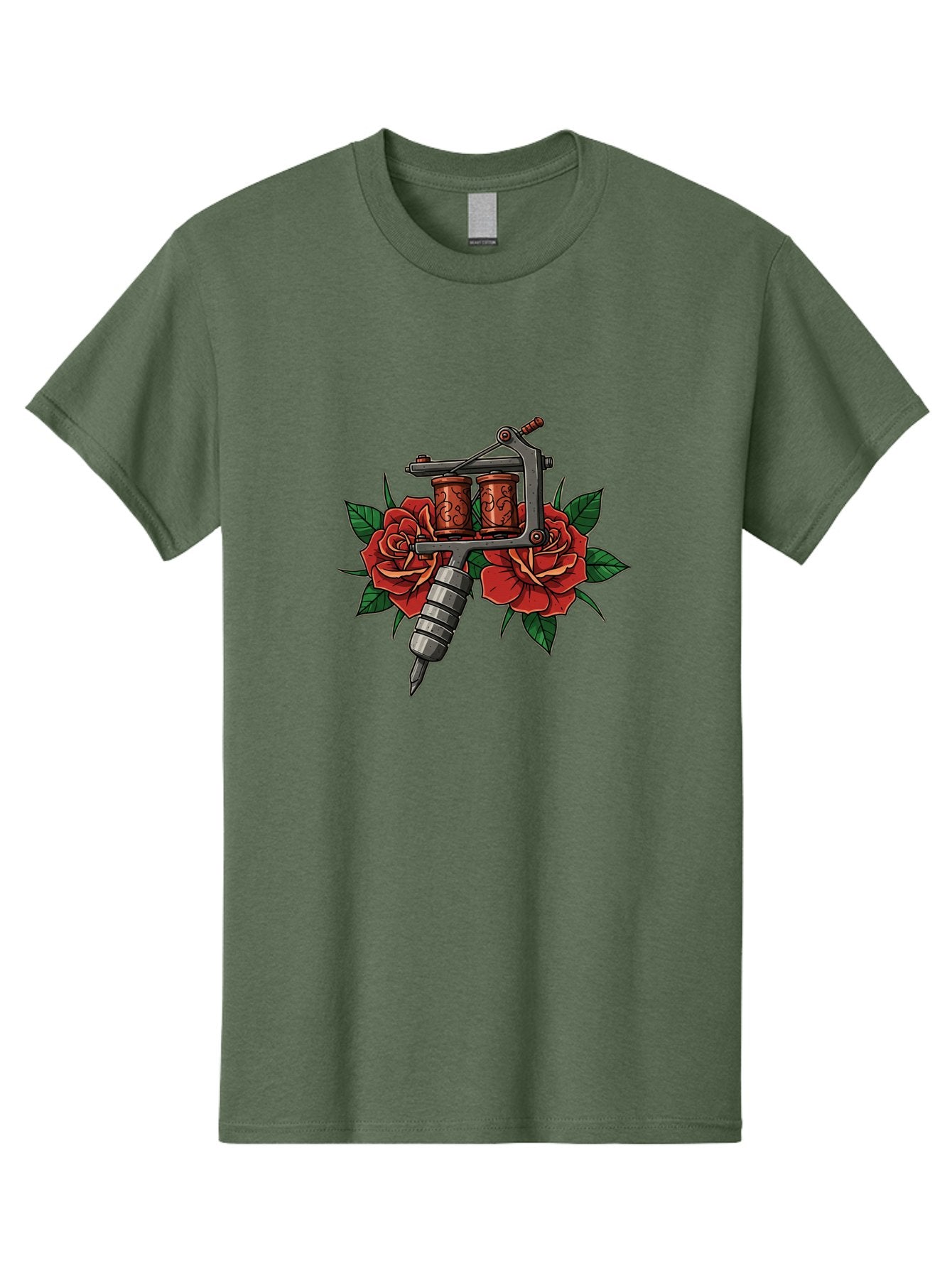Tattoo-Machine-With-Roses-1 Men'S Graphic Tee, 100% Cotton, Comfortable Casual Summer Wear, Machine Washable, Vintage Tattoo Machine, Red Roses, Floral Design, Tattoo Art, Tattoo Equipment, Traditional Tattooing, Classic Tattoo Machine, Bad810 8