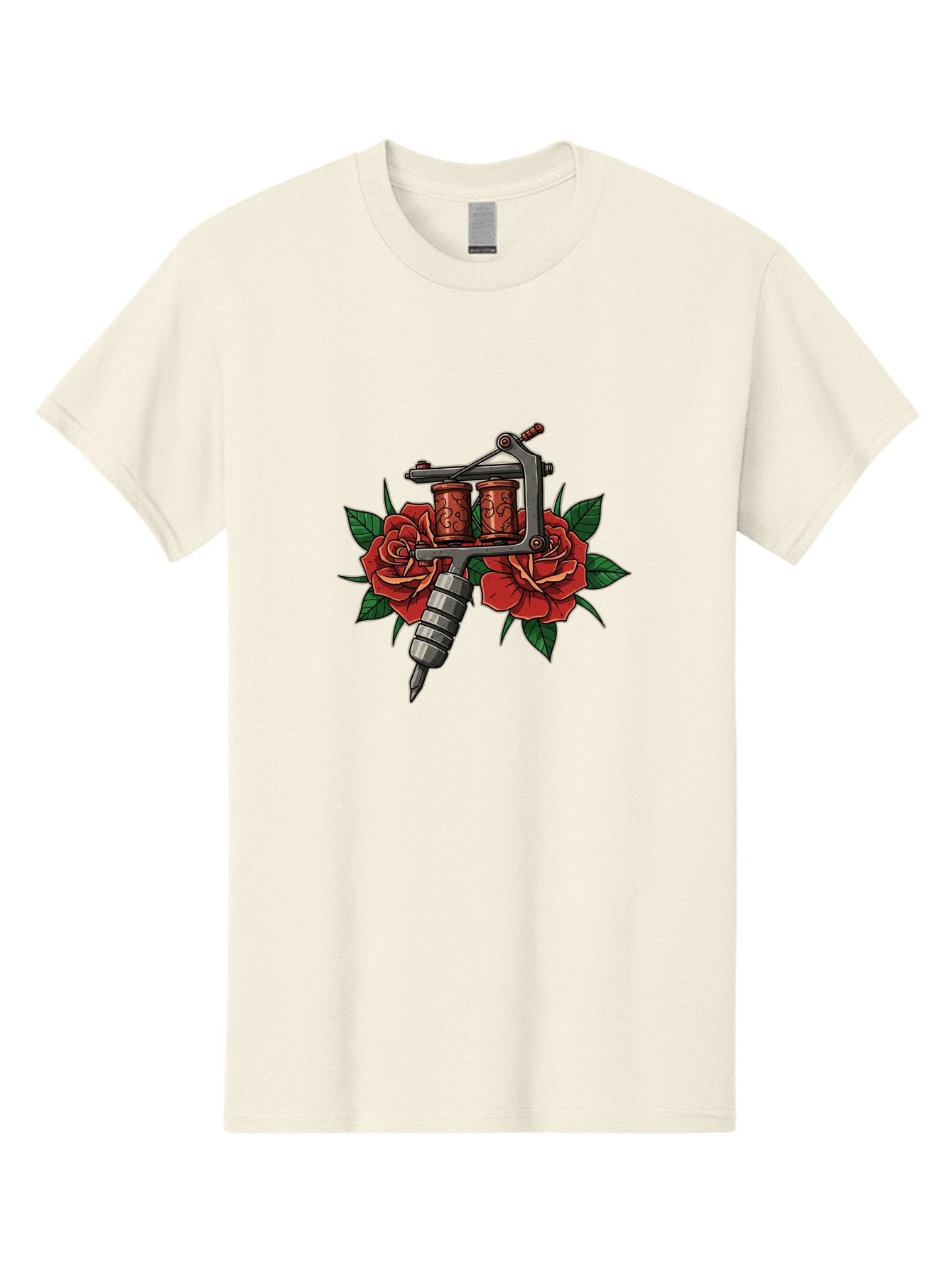 Tattoo-Machine-With-Roses-1 Men'S Graphic Tee, 100% Cotton, Comfortable Casual Summer Wear, Machine Washable, Vintage Tattoo Machine, Red Roses, Floral Design, Tattoo Art, Tattoo Equipment, Traditional Tattooing, Classic Tattoo Machine, Bad810 13