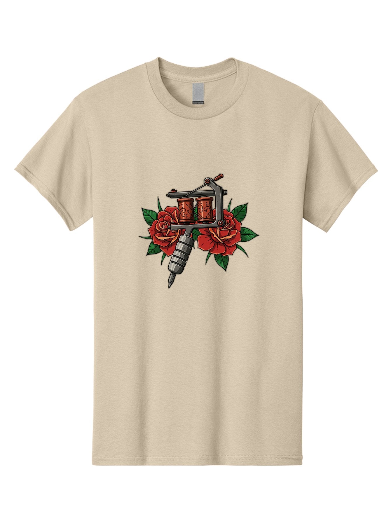 Tattoo-Machine-With-Roses-1 Men'S Graphic Tee, 100% Cotton, Comfortable Casual Summer Wear, Machine Washable, Vintage Tattoo Machine, Red Roses, Floral Design, Tattoo Art, Tattoo Equipment, Traditional Tattooing, Classic Tattoo Machine, Bad810