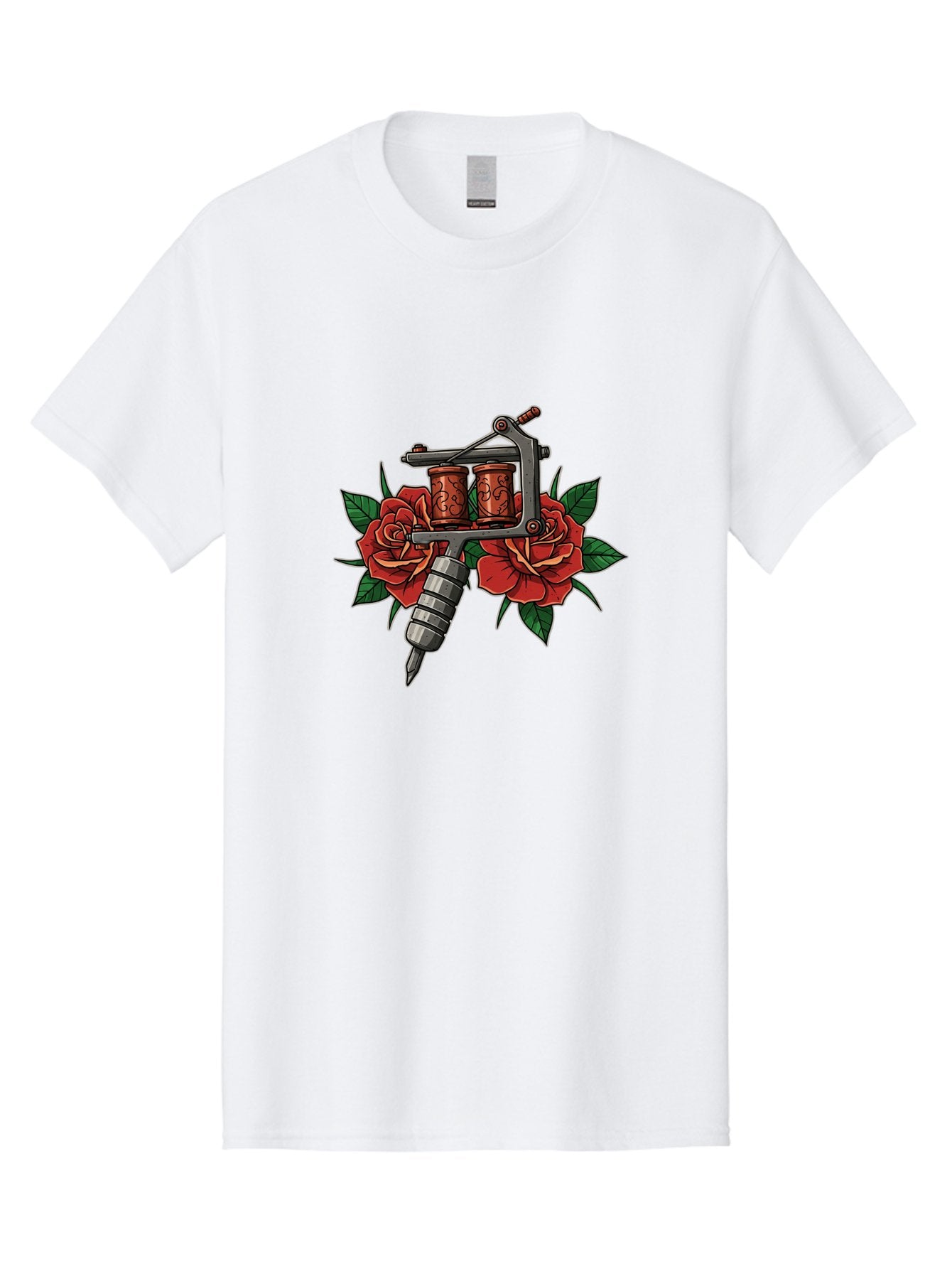 Tattoo-Machine-With-Roses-1 Men'S Graphic Tee, 100% Cotton, Comfortable Casual Summer Wear, Machine Washable, Vintage Tattoo Machine, Red Roses, Floral Design, Tattoo Art, Tattoo Equipment, Traditional Tattooing, Classic Tattoo Machine, Bad810 9