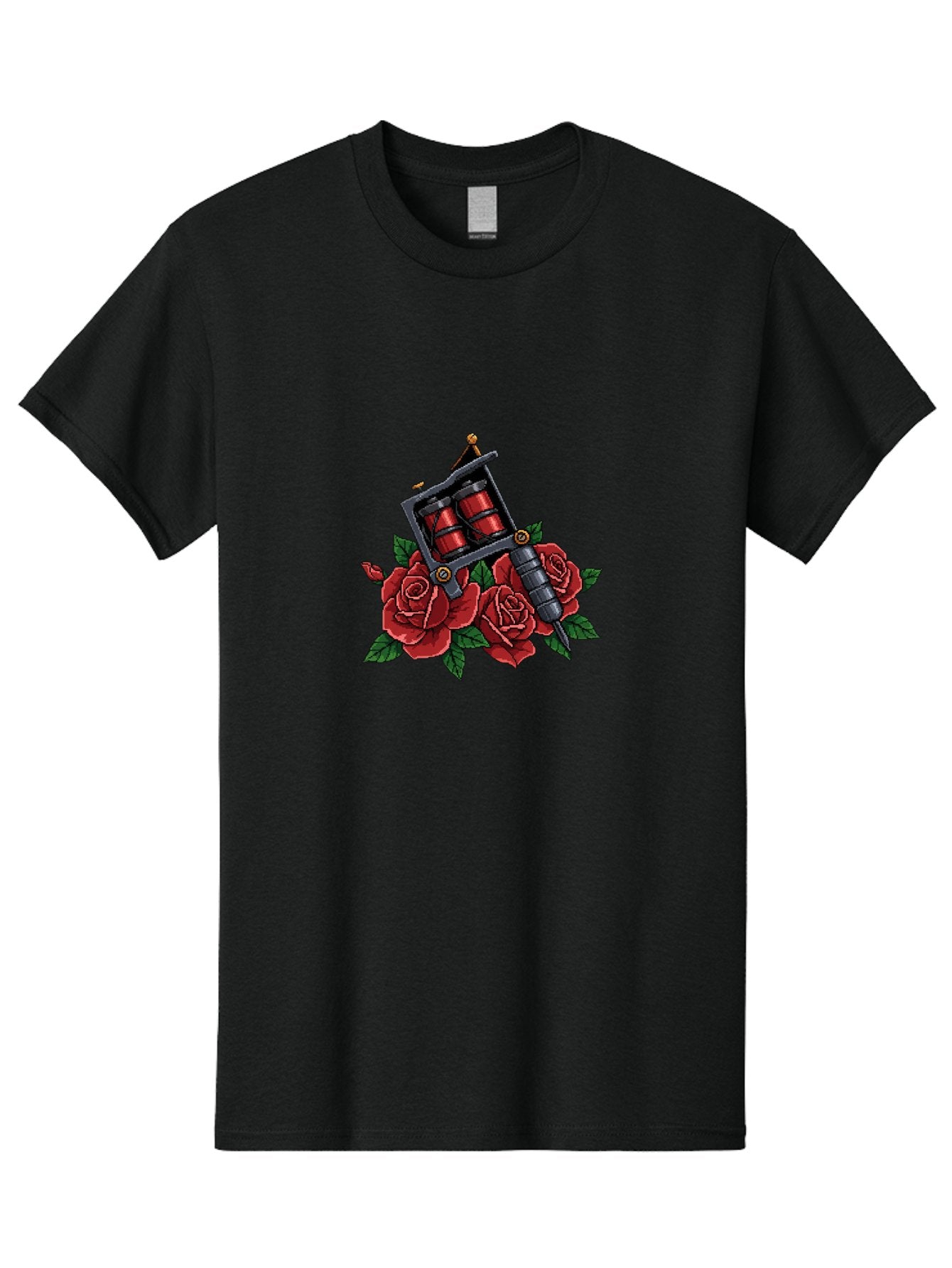 Tattoo-Machine-With-Roses Men'S Graphic Tee, 100% Cotton, Comfortable Casual Summer Wear, Machine Washable, Tattoo Machine Illustration, Red Roses, Tattoo Art, Body Art, Inked Design, Roses And Tattoo Equipment, Traditional Tattoo Style Bad811 6