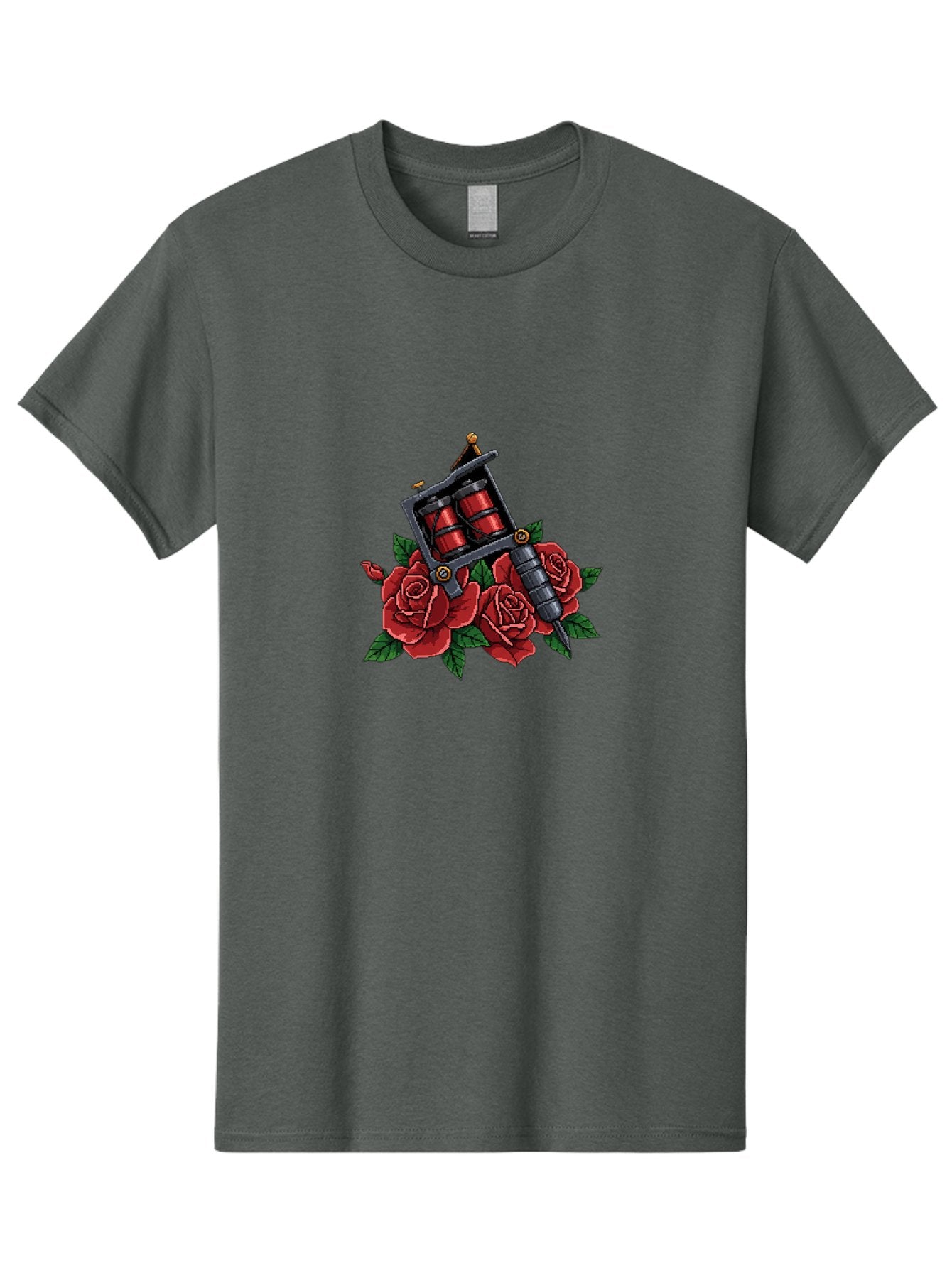 Tattoo-Machine-With-Roses Men'S Graphic Tee, 100% Cotton, Comfortable Casual Summer Wear, Machine Washable, Tattoo Machine Illustration, Red Roses, Tattoo Art, Body Art, Inked Design, Roses And Tattoo Equipment, Traditional Tattoo Style Bad811