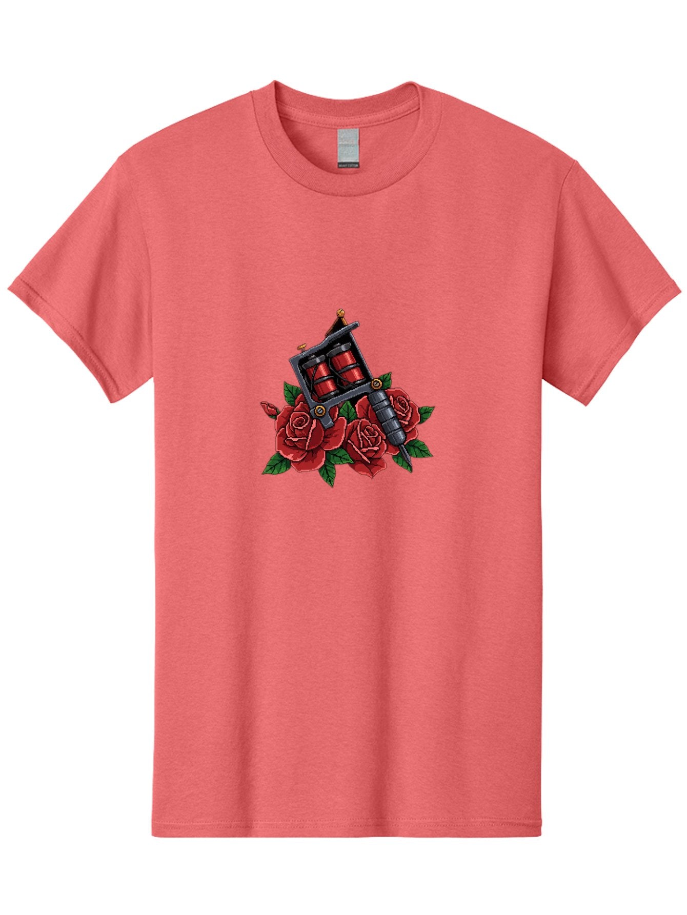 Tattoo-Machine-With-Roses Men'S Graphic Tee, 100% Cotton, Comfortable Casual Summer Wear, Machine Washable, Tattoo Machine Illustration, Red Roses, Tattoo Art, Body Art, Inked Design, Roses And Tattoo Equipment, Traditional Tattoo Style Bad811 3