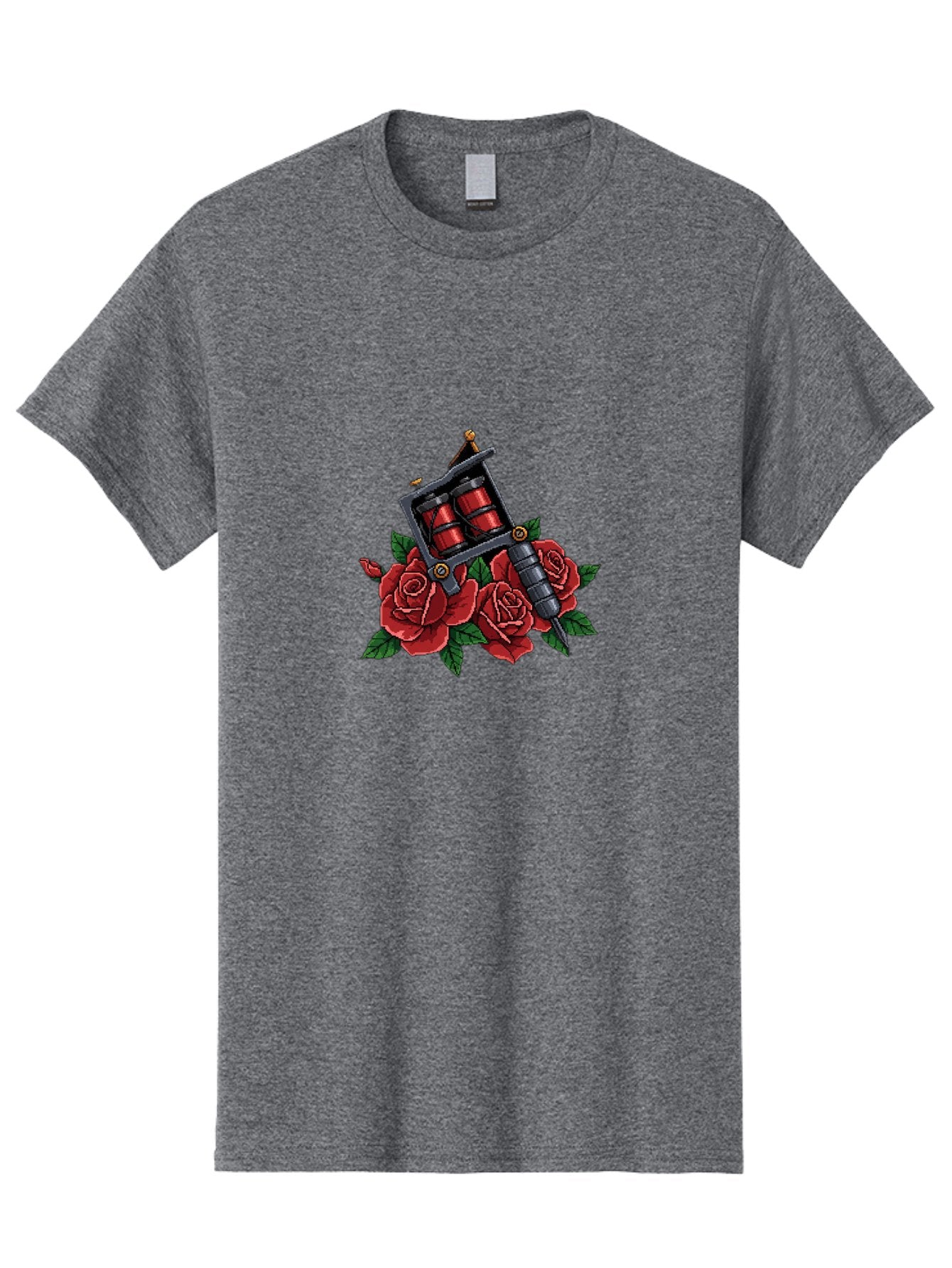 Tattoo-Machine-With-Roses Men'S Graphic Tee, 100% Cotton, Comfortable Casual Summer Wear, Machine Washable, Tattoo Machine Illustration, Red Roses, Tattoo Art, Body Art, Inked Design, Roses And Tattoo Equipment, Traditional Tattoo Style Bad811 8