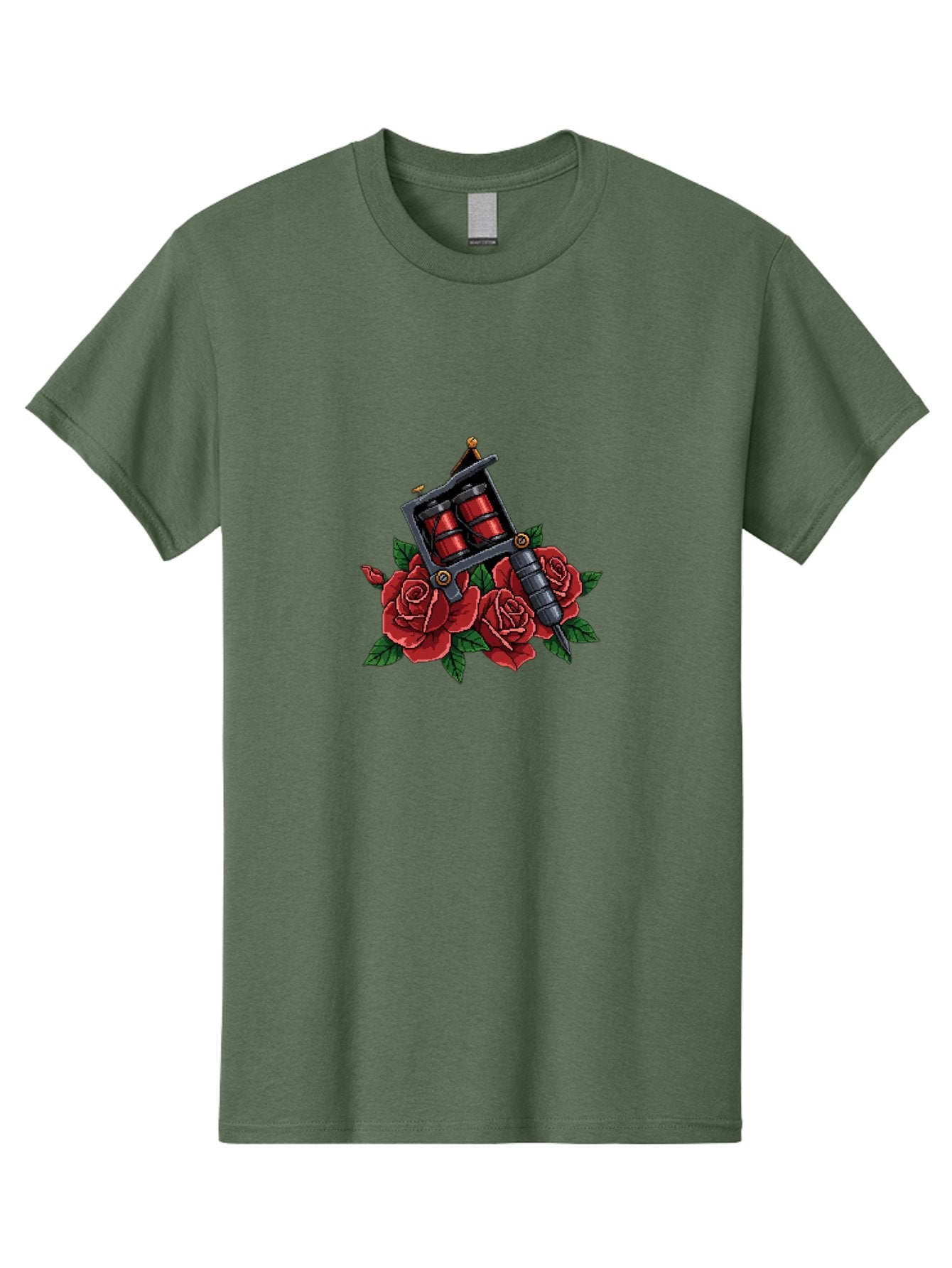 Tattoo-Machine-With-Roses Men'S Graphic Tee, 100% Cotton, Comfortable Casual Summer Wear, Machine Washable, Tattoo Machine Illustration, Red Roses, Tattoo Art, Body Art, Inked Design, Roses And Tattoo Equipment, Traditional Tattoo Style Bad811 12