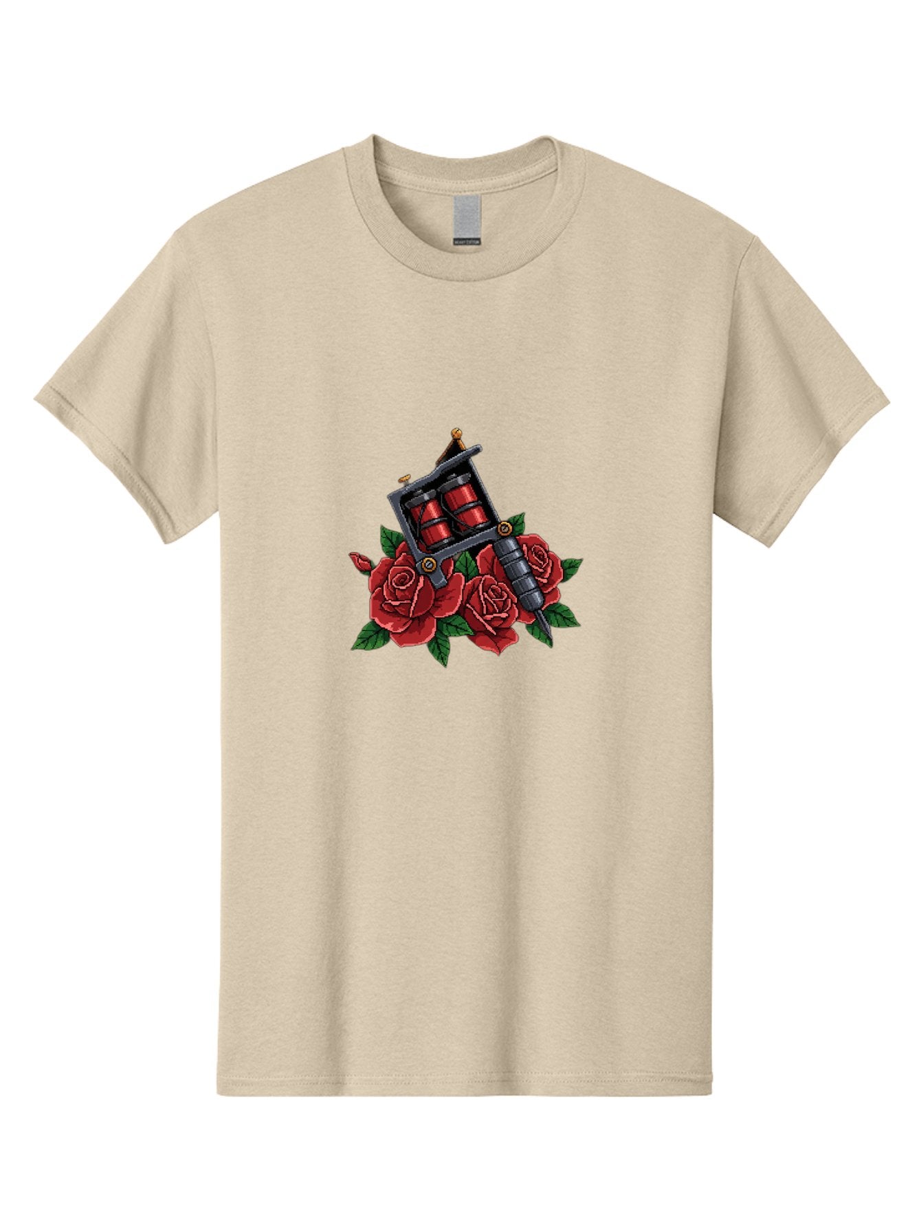 Tattoo-Machine-With-Roses Men'S Graphic Tee, 100% Cotton, Comfortable Casual Summer Wear, Machine Washable, Tattoo Machine Illustration, Red Roses, Tattoo Art, Body Art, Inked Design, Roses And Tattoo Equipment, Traditional Tattoo Style Bad811 10