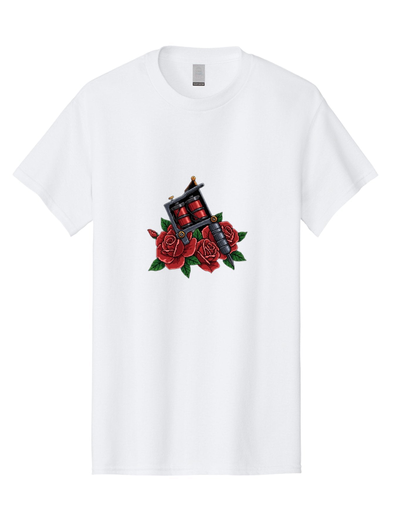 Tattoo-Machine-With-Roses Men'S Graphic Tee, 100% Cotton, Comfortable Casual Summer Wear, Machine Washable, Tattoo Machine Illustration, Red Roses, Tattoo Art, Body Art, Inked Design, Roses And Tattoo Equipment, Traditional Tattoo Style Bad811 14