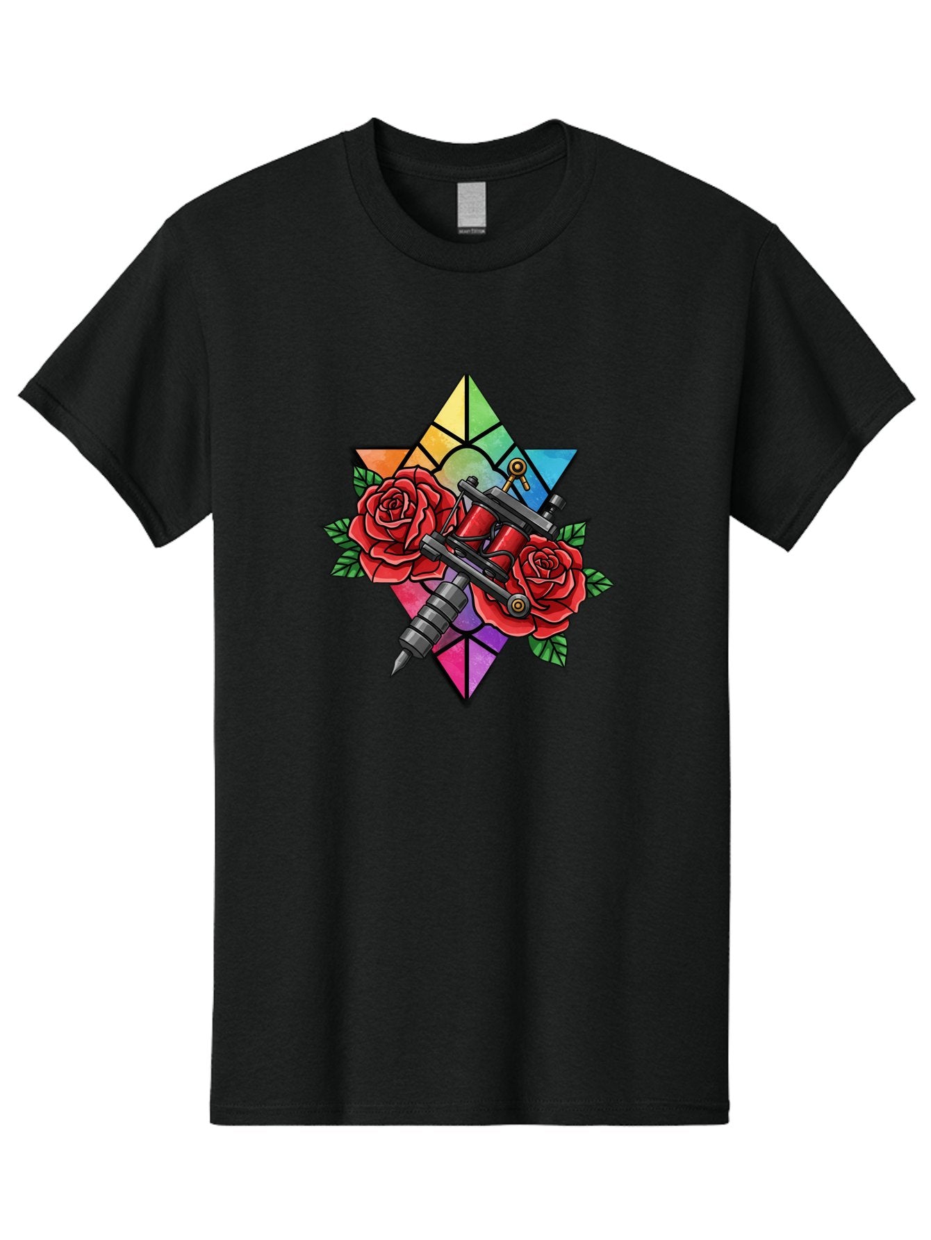Tattoo-Machines-With-Roses Men'S Graphic Tee, 100% Cotton, Comfortable Casual Summer Wear, Machine Washable, Tattoo Machine, Red Roses, Floral Design, Stained Glass Star, Tattoo Art, Body Art, Tattoo Culture, Vibrant Colors, Tattoo Inspiration Bad813 14