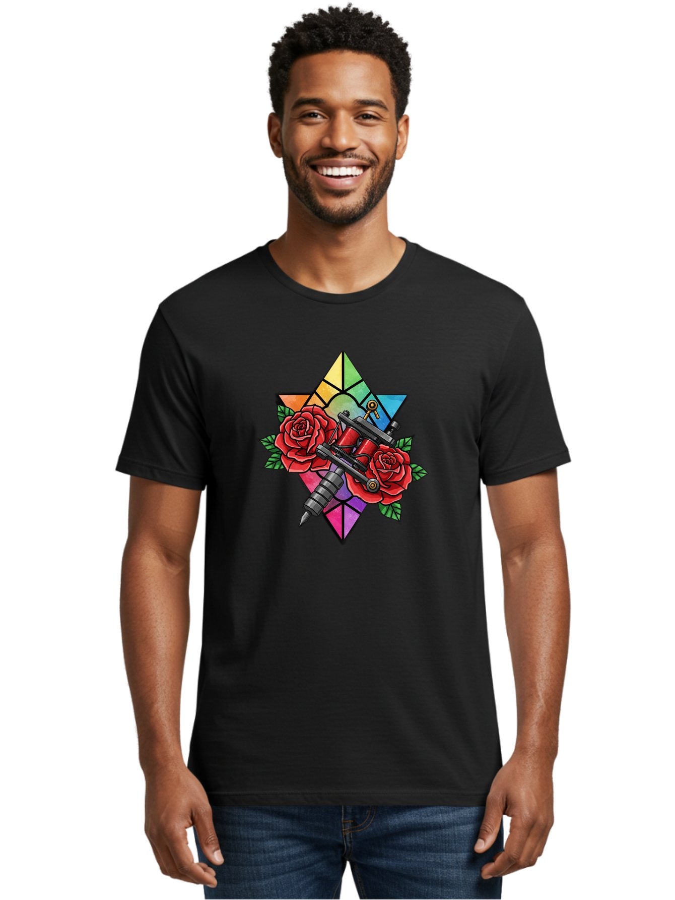 Tattoo-Machines-With-Roses Men'S Graphic Tee, 100% Cotton, Comfortable Casual Summer Wear, Machine Washable, Tattoo Machine, Red Roses, Floral Design, Stained Glass Star, Tattoo Art, Body Art, Tattoo Culture, Vibrant Colors, Tattoo Inspiration Bad813 29