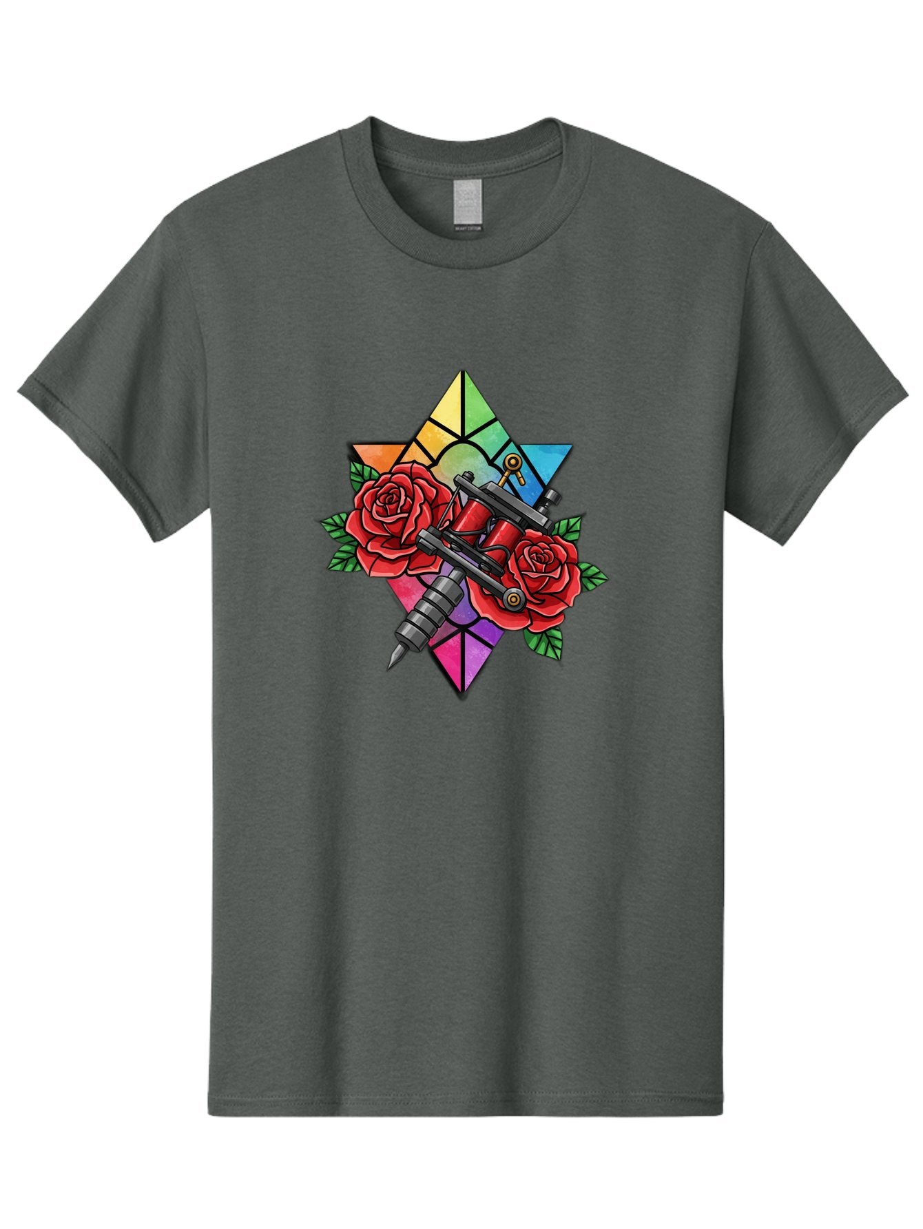 Tattoo-Machines-With-Roses Men'S Graphic Tee, 100% Cotton, Comfortable Casual Summer Wear, Machine Washable, Tattoo Machine, Red Roses, Floral Design, Stained Glass Star, Tattoo Art, Body Art, Tattoo Culture, Vibrant Colors, Tattoo Inspiration Bad813