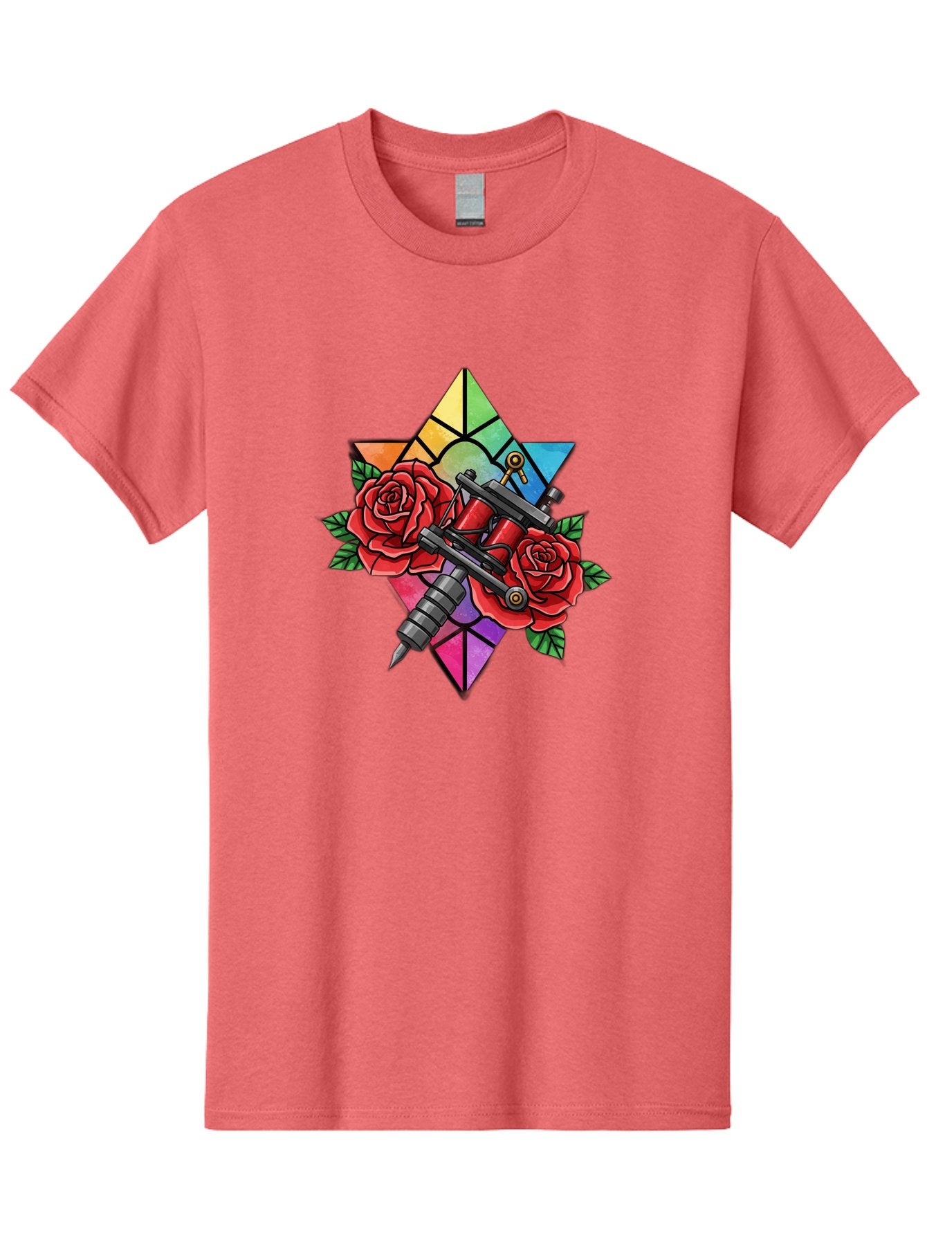 Tattoo-Machines-With-Roses Men'S Graphic Tee, 100% Cotton, Comfortable Casual Summer Wear, Machine Washable, Tattoo Machine, Red Roses, Floral Design, Stained Glass Star, Tattoo Art, Body Art, Tattoo Culture, Vibrant Colors, Tattoo Inspiration Bad813 15