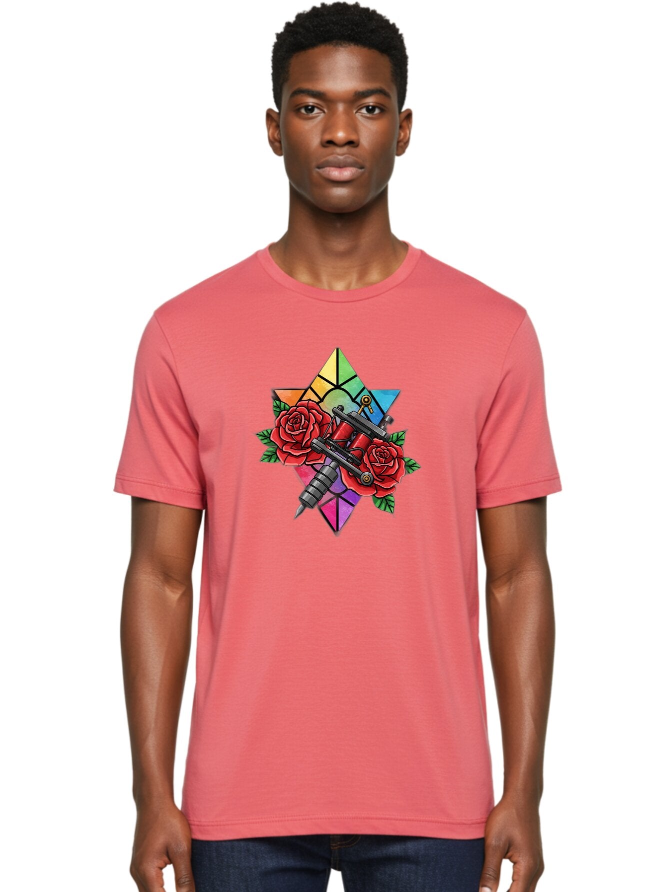 Tattoo-Machines-With-Roses Men'S Graphic Tee, 100% Cotton, Comfortable Casual Summer Wear, Machine Washable, Tattoo Machine, Red Roses, Floral Design, Stained Glass Star, Tattoo Art, Body Art, Tattoo Culture, Vibrant Colors, Tattoo Inspiration Bad813 30