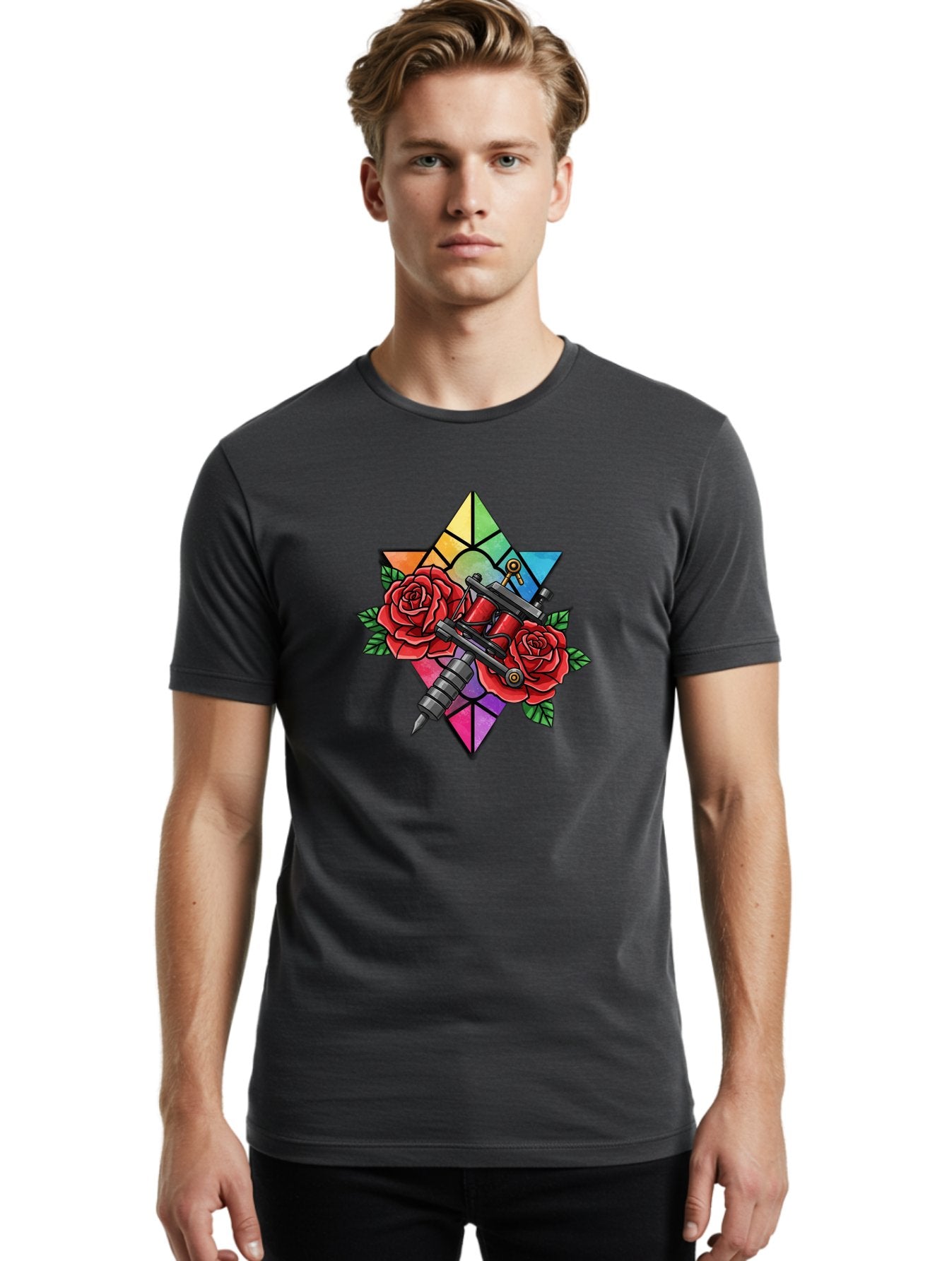 Tattoo-Machines-With-Roses Men'S Graphic Tee, 100% Cotton, Comfortable Casual Summer Wear, Machine Washable, Tattoo Machine, Red Roses, Floral Design, Stained Glass Star, Tattoo Art, Body Art, Tattoo Culture, Vibrant Colors, Tattoo Inspiration Bad813 17