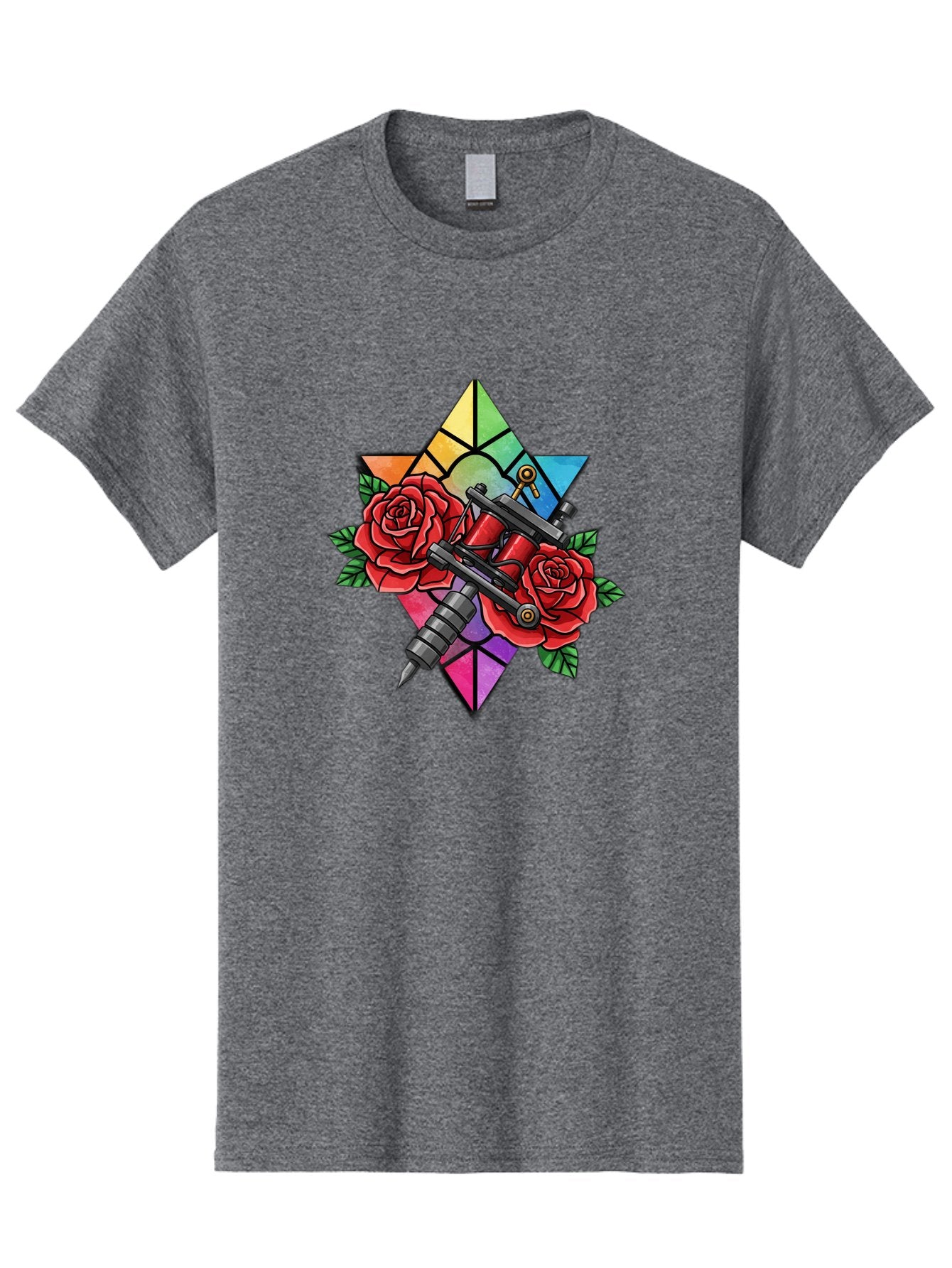 Tattoo-Machines-With-Roses Men'S Graphic Tee, 100% Cotton, Comfortable Casual Summer Wear, Machine Washable, Tattoo Machine, Red Roses, Floral Design, Stained Glass Star, Tattoo Art, Body Art, Tattoo Culture, Vibrant Colors, Tattoo Inspiration Bad813 7