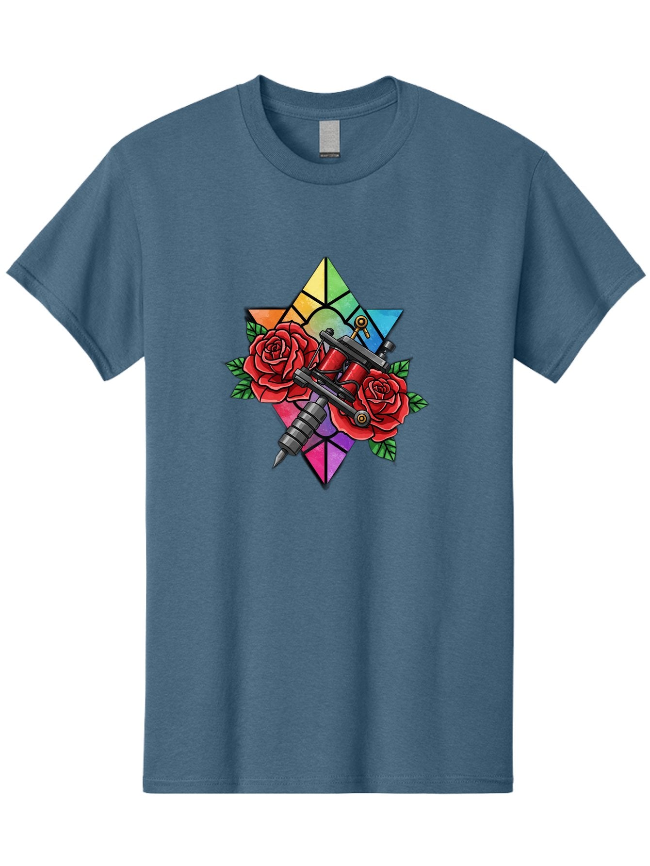 Tattoo-Machines-With-Roses Men'S Graphic Tee, 100% Cotton, Comfortable Casual Summer Wear, Machine Washable, Tattoo Machine, Red Roses, Floral Design, Stained Glass Star, Tattoo Art, Body Art, Tattoo Culture, Vibrant Colors, Tattoo Inspiration Bad813 11