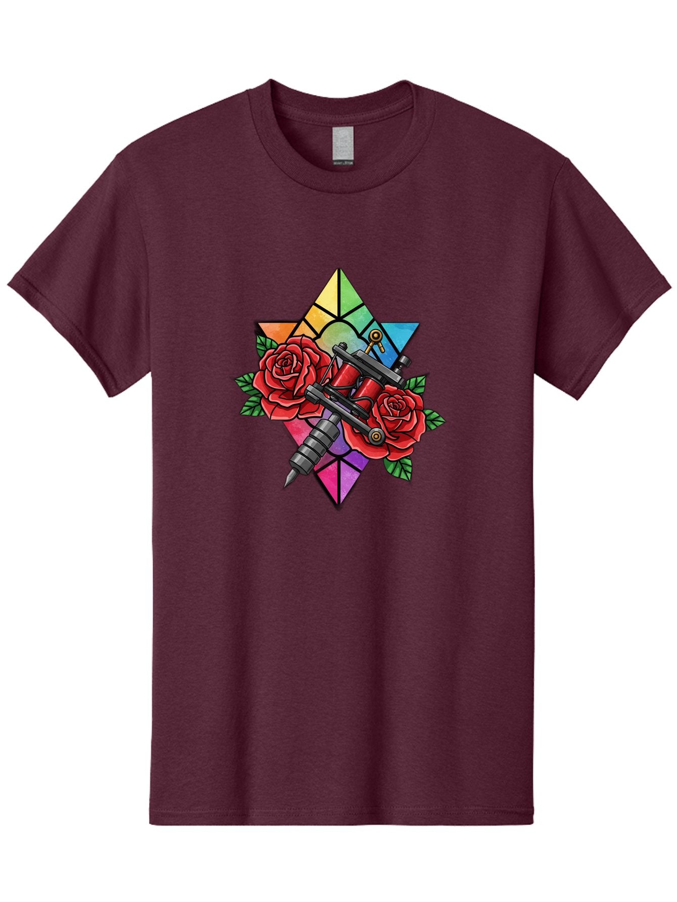 Tattoo-Machines-With-Roses Men'S Graphic Tee, 100% Cotton, Comfortable Casual Summer Wear, Machine Washable, Tattoo Machine, Red Roses, Floral Design, Stained Glass Star, Tattoo Art, Body Art, Tattoo Culture, Vibrant Colors, Tattoo Inspiration Bad813 13