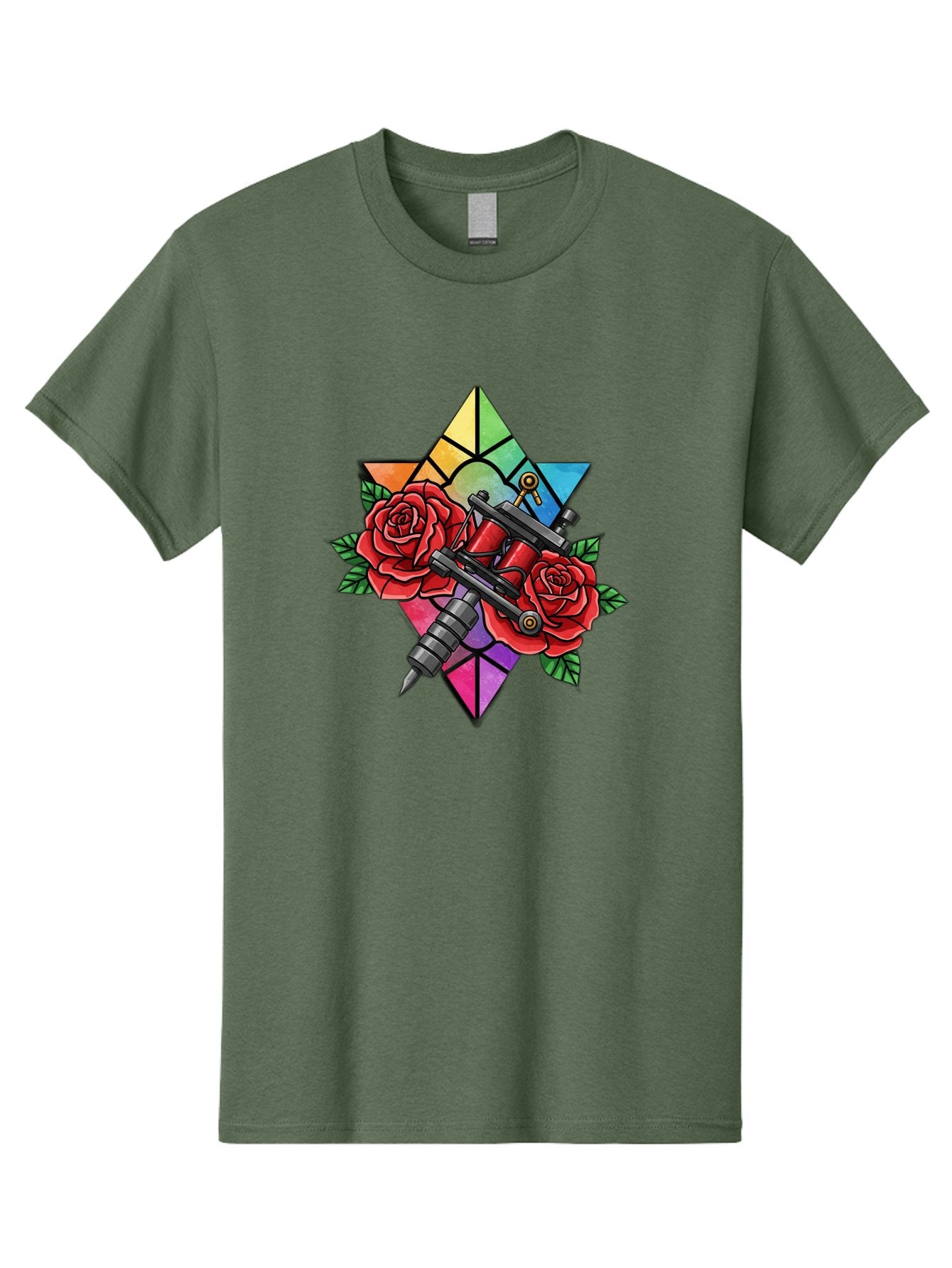 Tattoo-Machines-With-Roses Men'S Graphic Tee, 100% Cotton, Comfortable Casual Summer Wear, Machine Washable, Tattoo Machine, Red Roses, Floral Design, Stained Glass Star, Tattoo Art, Body Art, Tattoo Culture, Vibrant Colors, Tattoo Inspiration Bad813 4