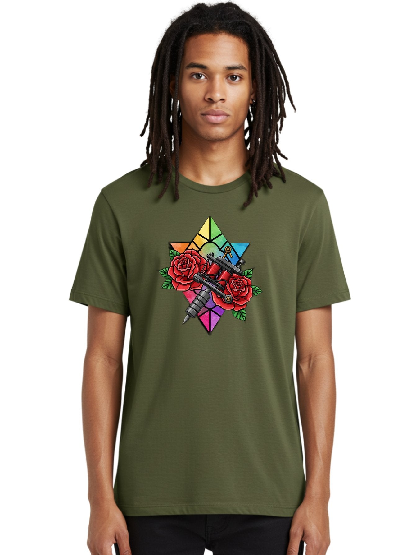 Tattoo-Machines-With-Roses Men'S Graphic Tee, 100% Cotton, Comfortable Casual Summer Wear, Machine Washable, Tattoo Machine, Red Roses, Floral Design, Stained Glass Star, Tattoo Art, Body Art, Tattoo Culture, Vibrant Colors, Tattoo Inspiration Bad813 18
