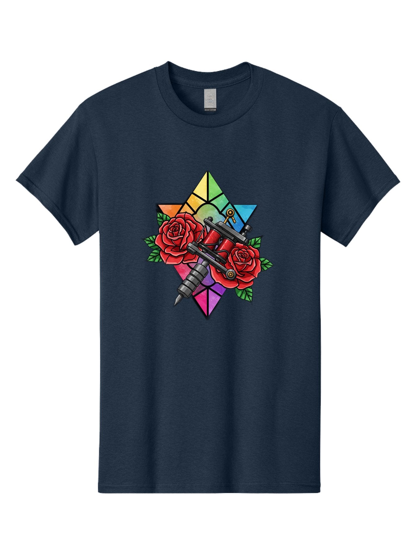 Tattoo-Machines-With-Roses Men'S Graphic Tee, 100% Cotton, Comfortable Casual Summer Wear, Machine Washable, Tattoo Machine, Red Roses, Floral Design, Stained Glass Star, Tattoo Art, Body Art, Tattoo Culture, Vibrant Colors, Tattoo Inspiration Bad813 12