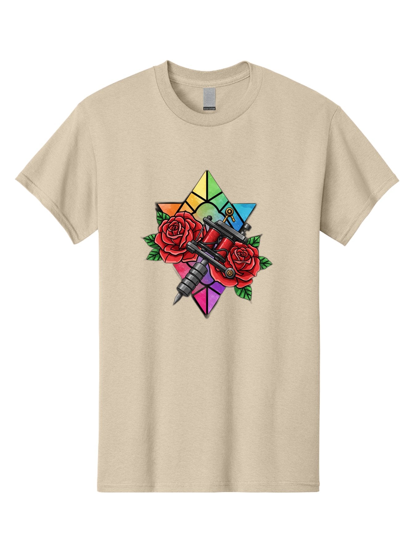 Tattoo-Machines-With-Roses Men'S Graphic Tee, 100% Cotton, Comfortable Casual Summer Wear, Machine Washable, Tattoo Machine, Red Roses, Floral Design, Stained Glass Star, Tattoo Art, Body Art, Tattoo Culture, Vibrant Colors, Tattoo Inspiration Bad813 8