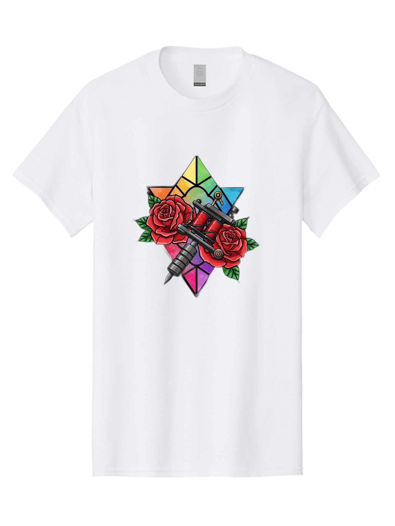 Tattoo-Machines-With-Roses Men'S Graphic Tee, 100% Cotton, Comfortable Casual Summer Wear, Machine Washable, Tattoo Machine, Red Roses, Floral Design, Stained Glass Star, Tattoo Art, Body Art, Tattoo Culture, Vibrant Colors, Tattoo Inspiration Bad813 6