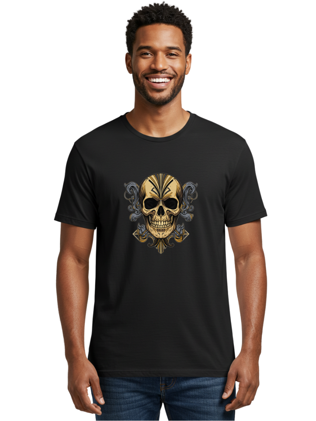 Tattoo-Skull Men'S Graphic Tee, 100% Cotton, Comfortable Casual Summer Wear, Machine Washable, Tribal Skull Art, Gold Skull, Black Tribal Patterns, Ornate Designs, Gothic Elements, Edgy Aesthetic, Skull Illustration, Day Of The Dead, Bad814 28